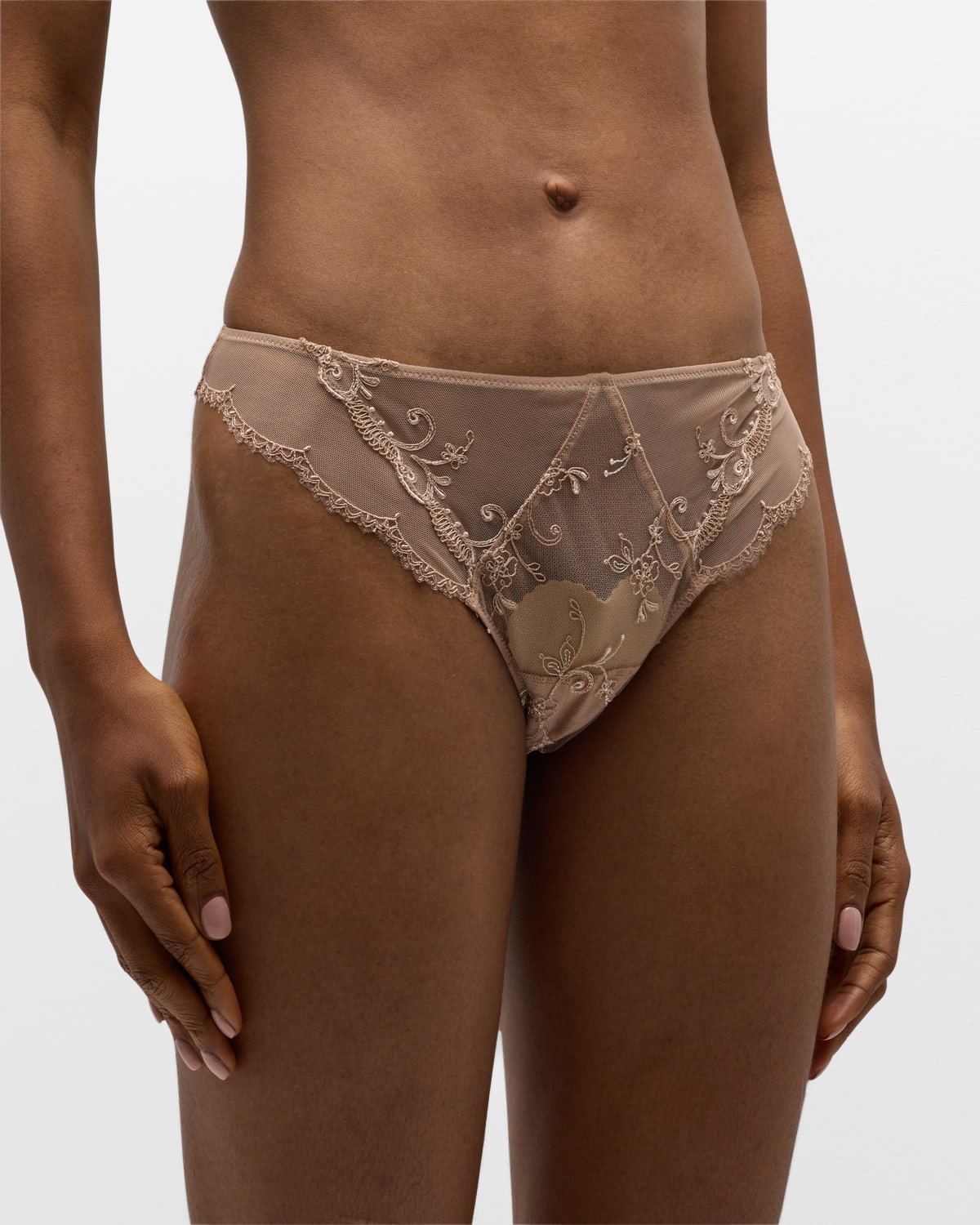 Floral-Embroidered Mesh Thong