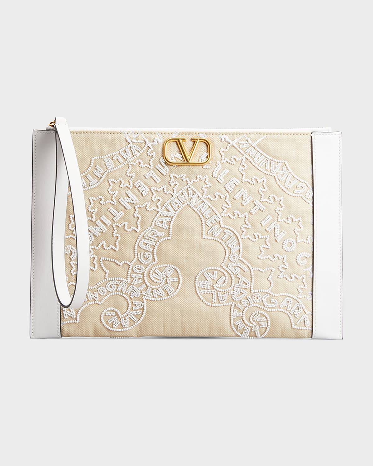 Valentino Vlogo Large Embroidered Flat Pouch Clutch Bag In Bianco