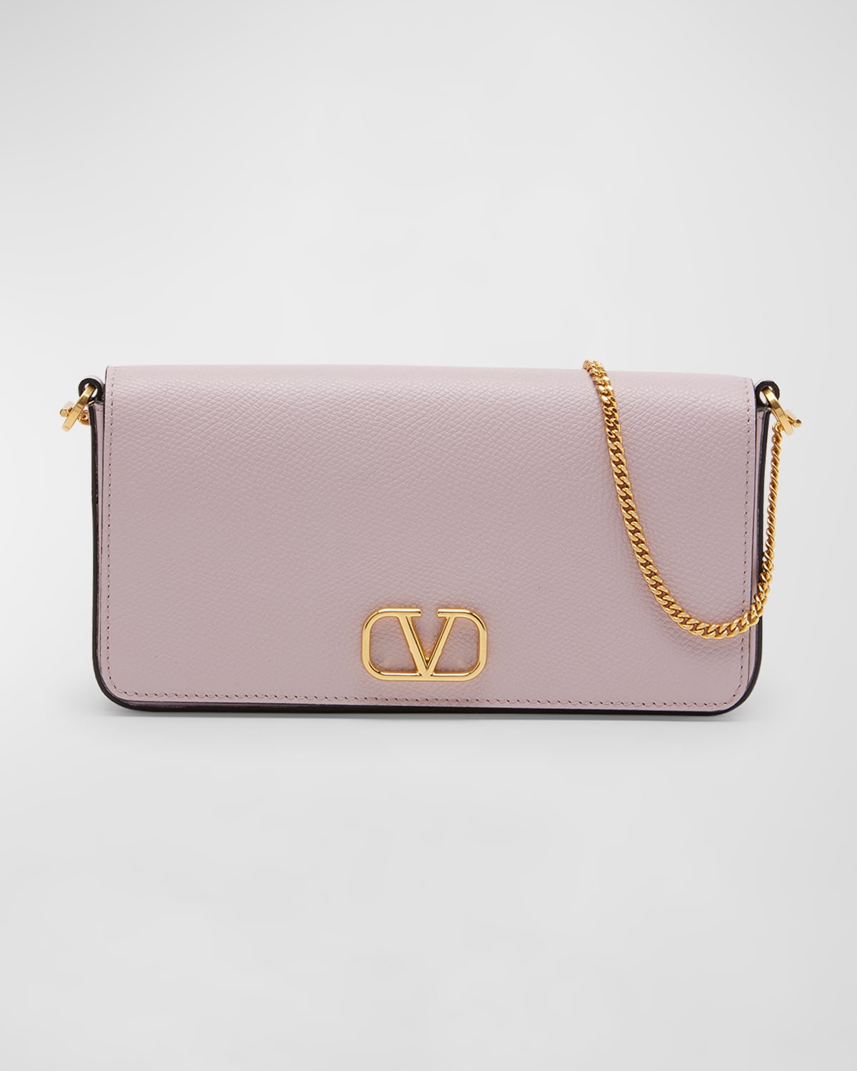 Valentino Garavani Vlogo Flap Leather Wallet On Chain In Water Lilac