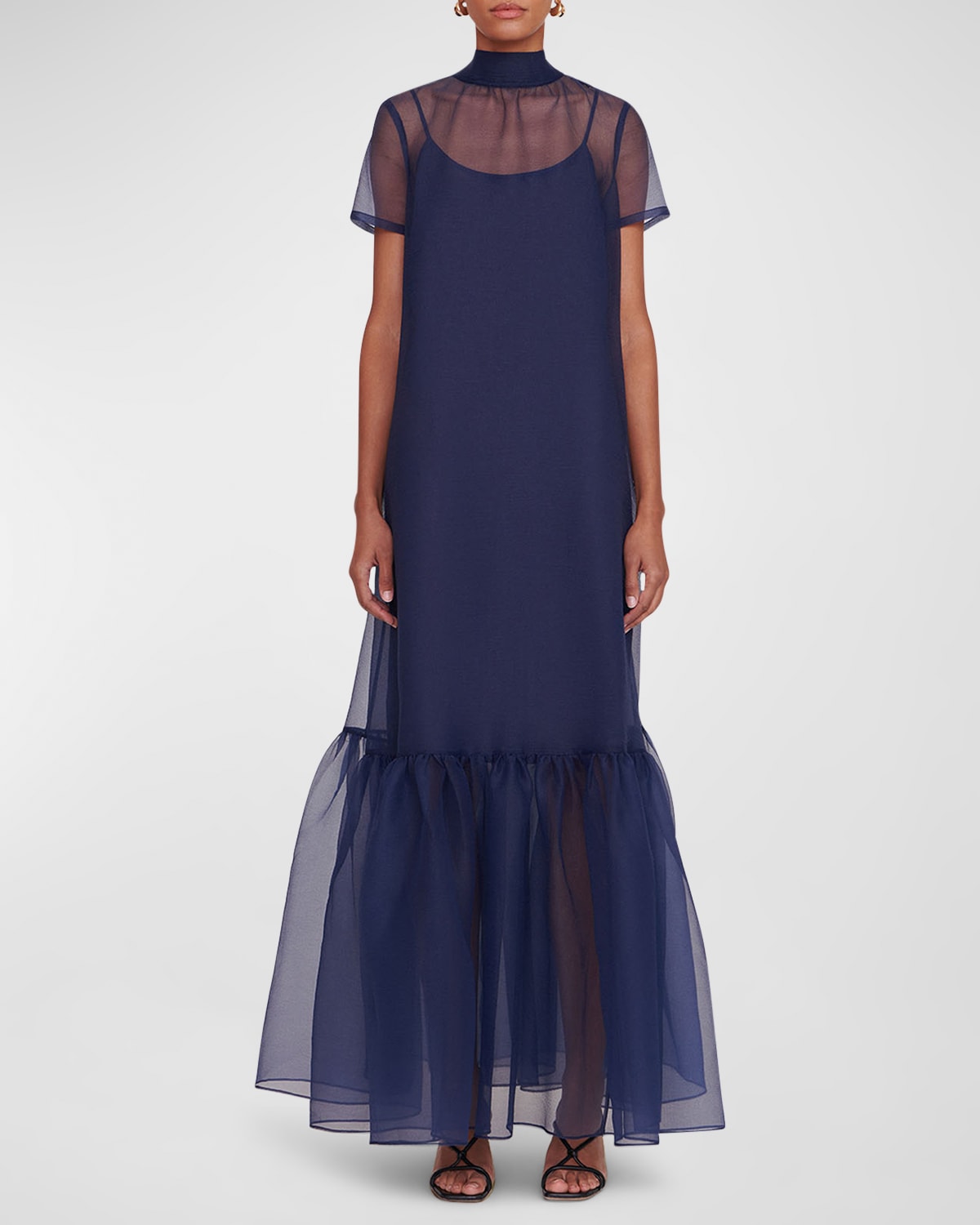 Staud Calluna Neck-tie Organza Gown In Navy