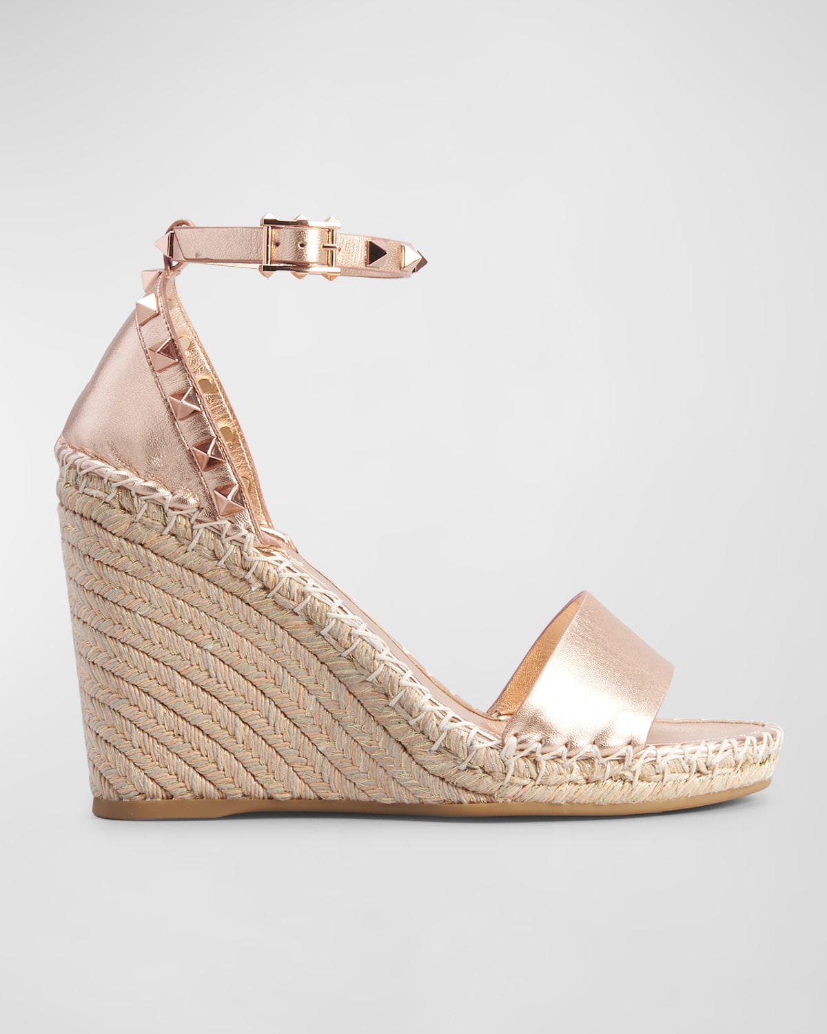 Valentino Rockstud Metallic Wedge Espadrille Sandals In Rame