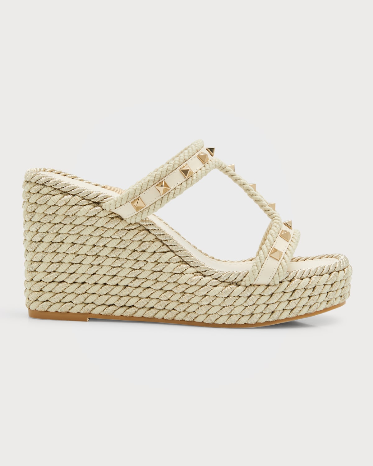 Shop Valentino Rockstud Metallic T-strap Espadrille Sandals In Light Ivory