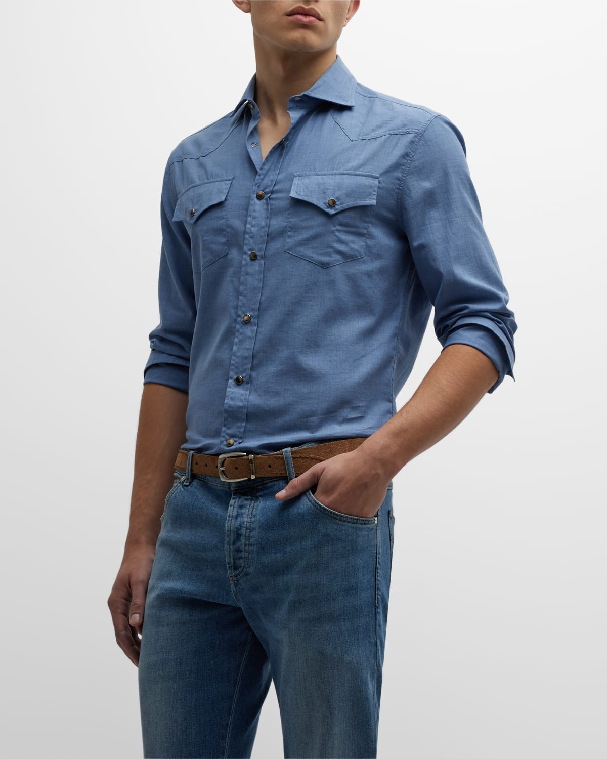 Brunello Cucinelli Men's Western-style Sport Shirt In C015 Denim