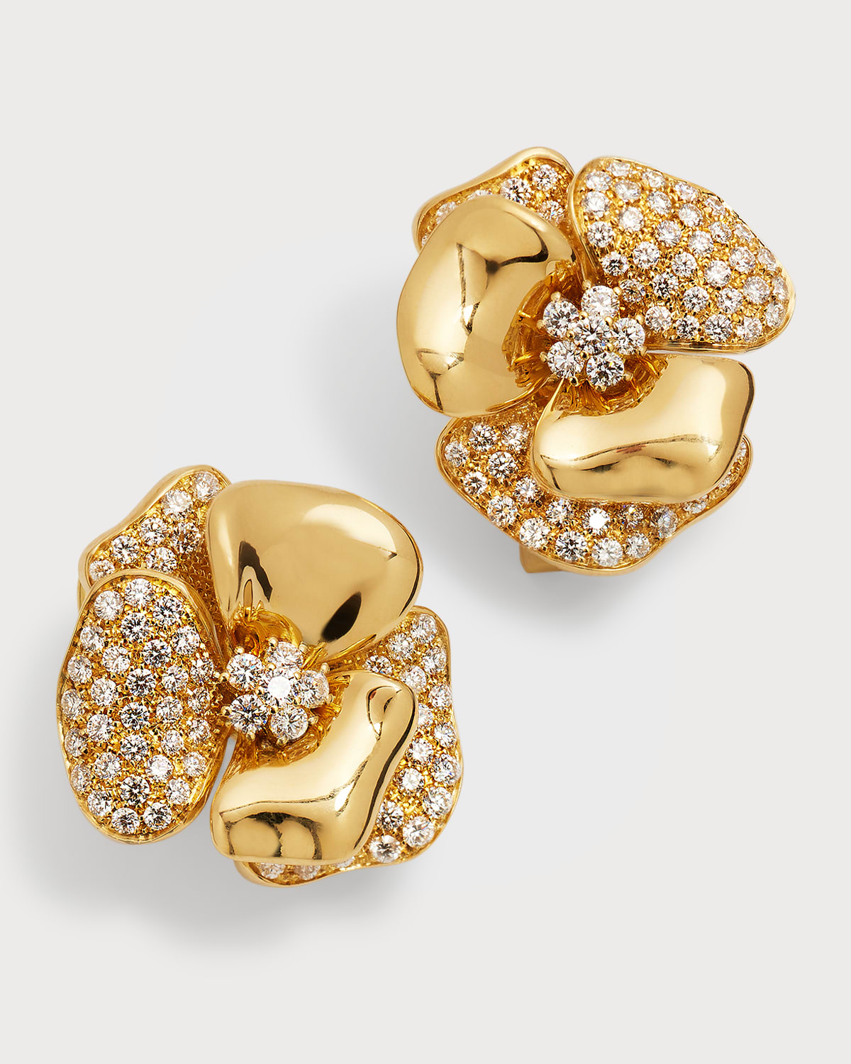 18K Yellow Gold Diamond Flower Omega Clip Earrings