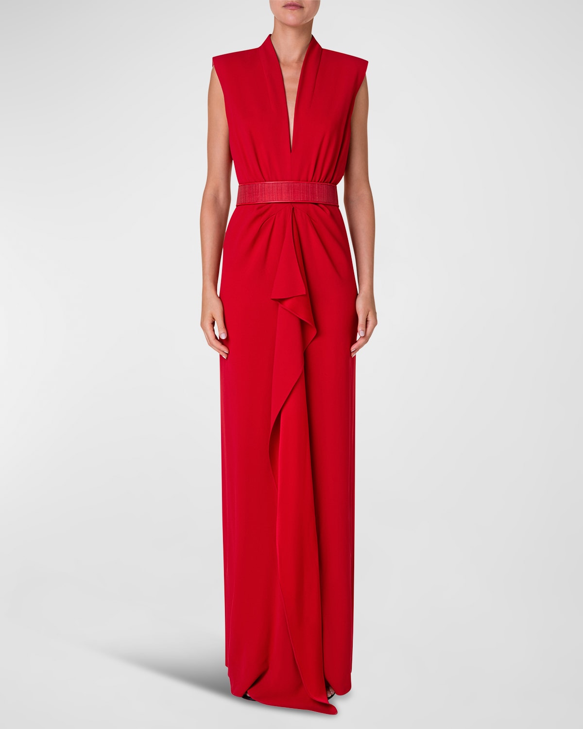 AKRIS BELTED CREPE GOWN WITH RUFFLE FRONT DETAIL