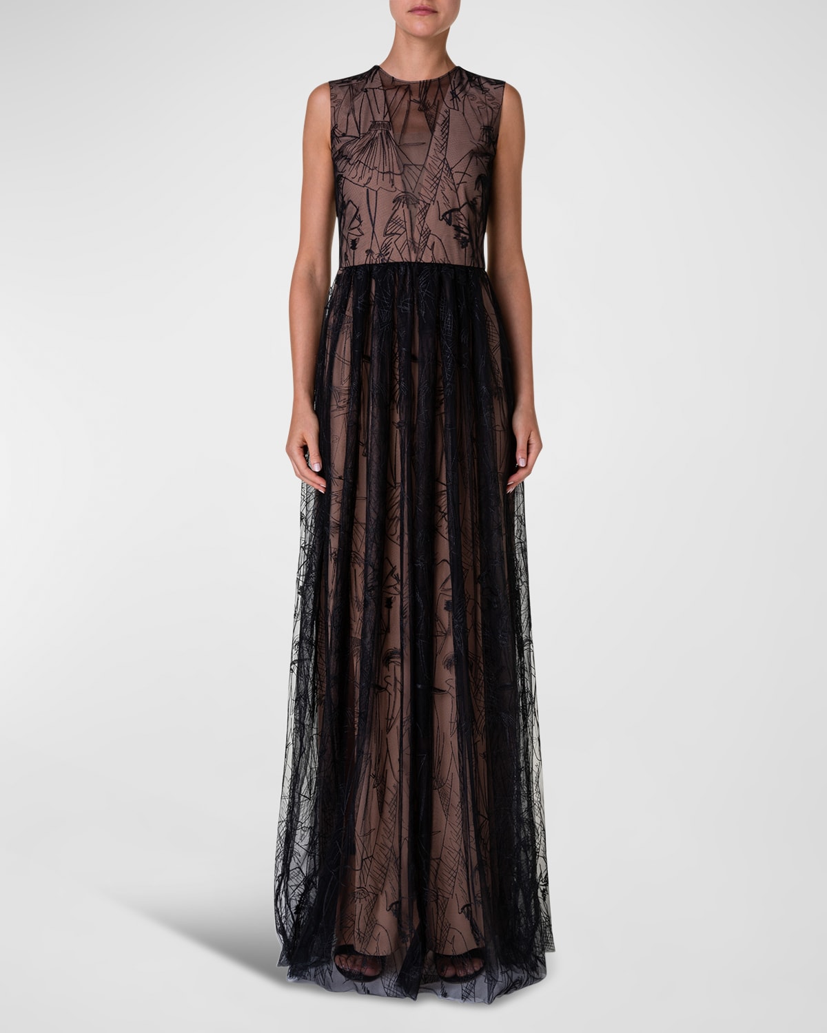 AKRIS BELTED TULLE GOWN WITH CROQUIS EMBROIDERED DETAILS