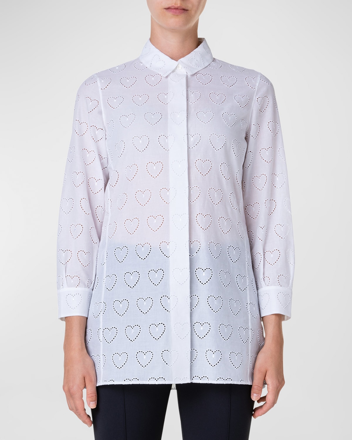 Akris Heart Eyelet Embroidered Poplin Collared Tunic Blouse In Ecru