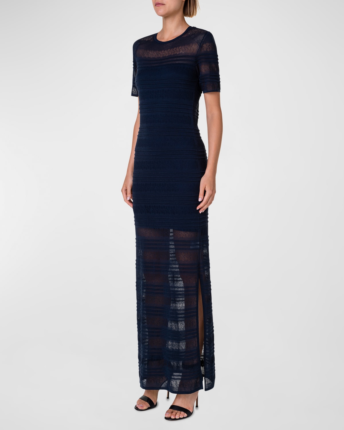 Pleated Lace Knit Short-Sleeve Maxi Dress