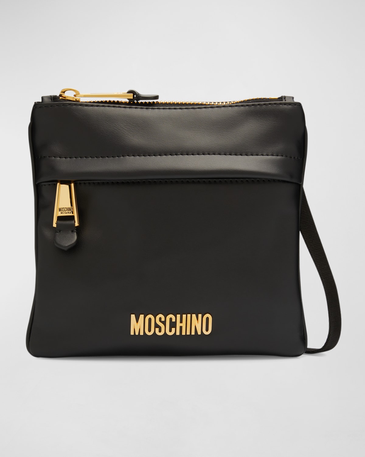 Shop Moschino Men's Leather Crossbody Bag With Metal Logo In Black Multi