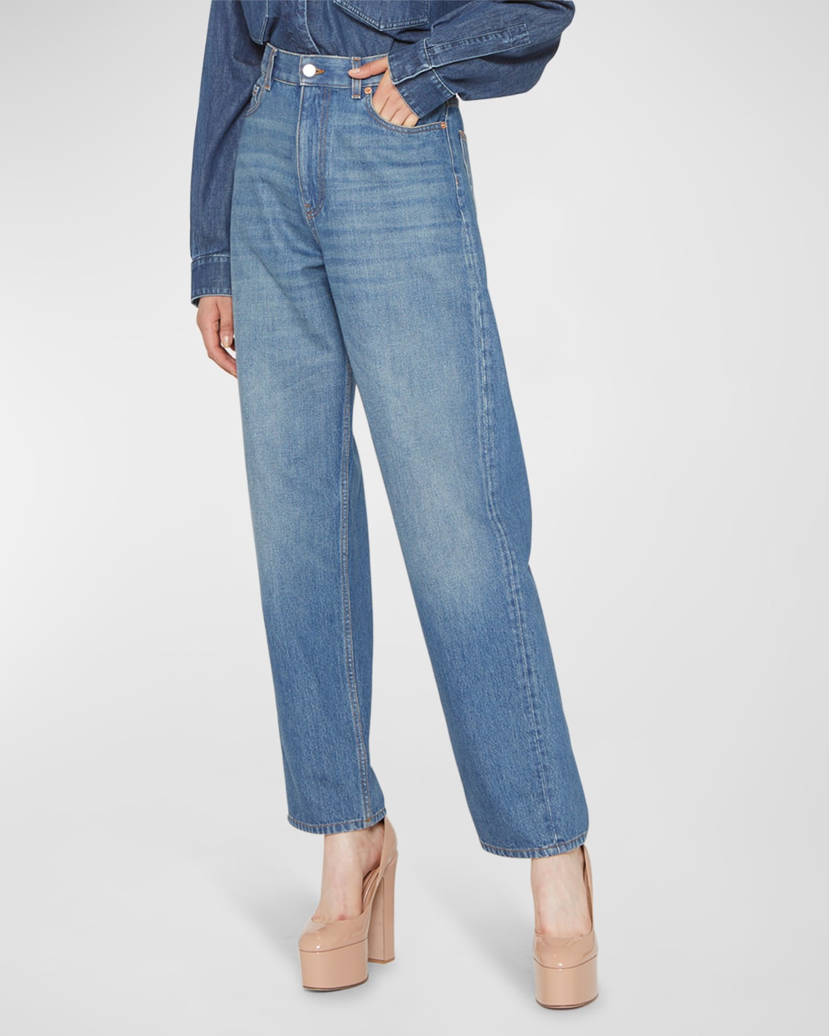 Shop Valentino High-rise Wide-leg Denim Jeans