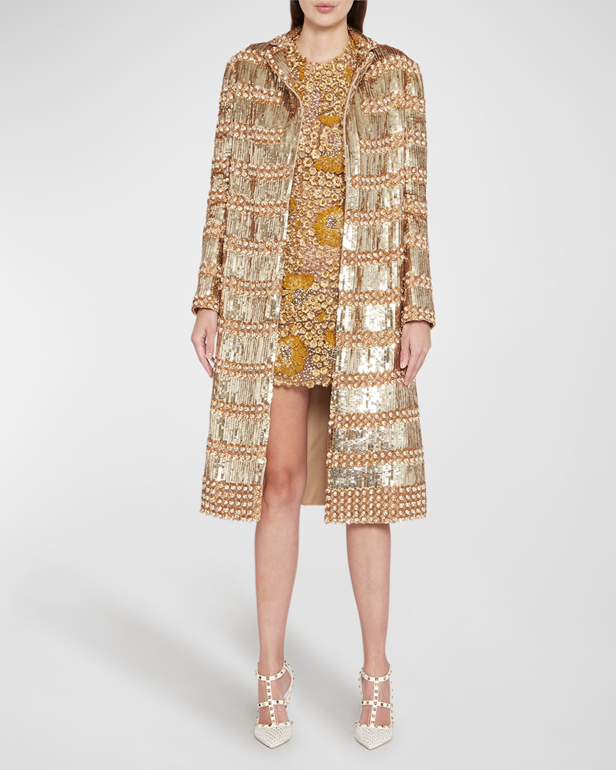 Valentino Organza Sequin Embroidered Coat In Gold