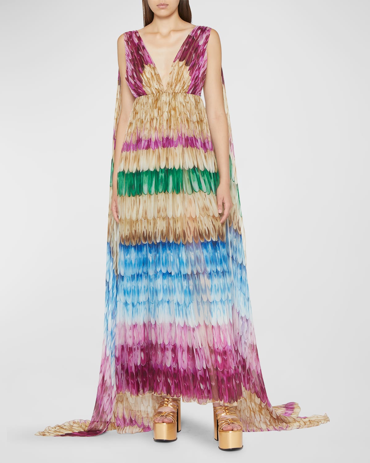 Valentino Multicolor Golden Wings Draped Chiffon Gown In Multi