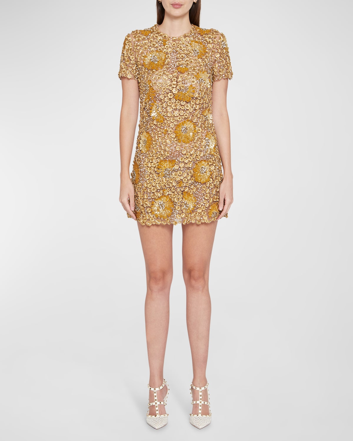 Valentino Crystal Floral Embroidered Tulle Mini Dress In Gold