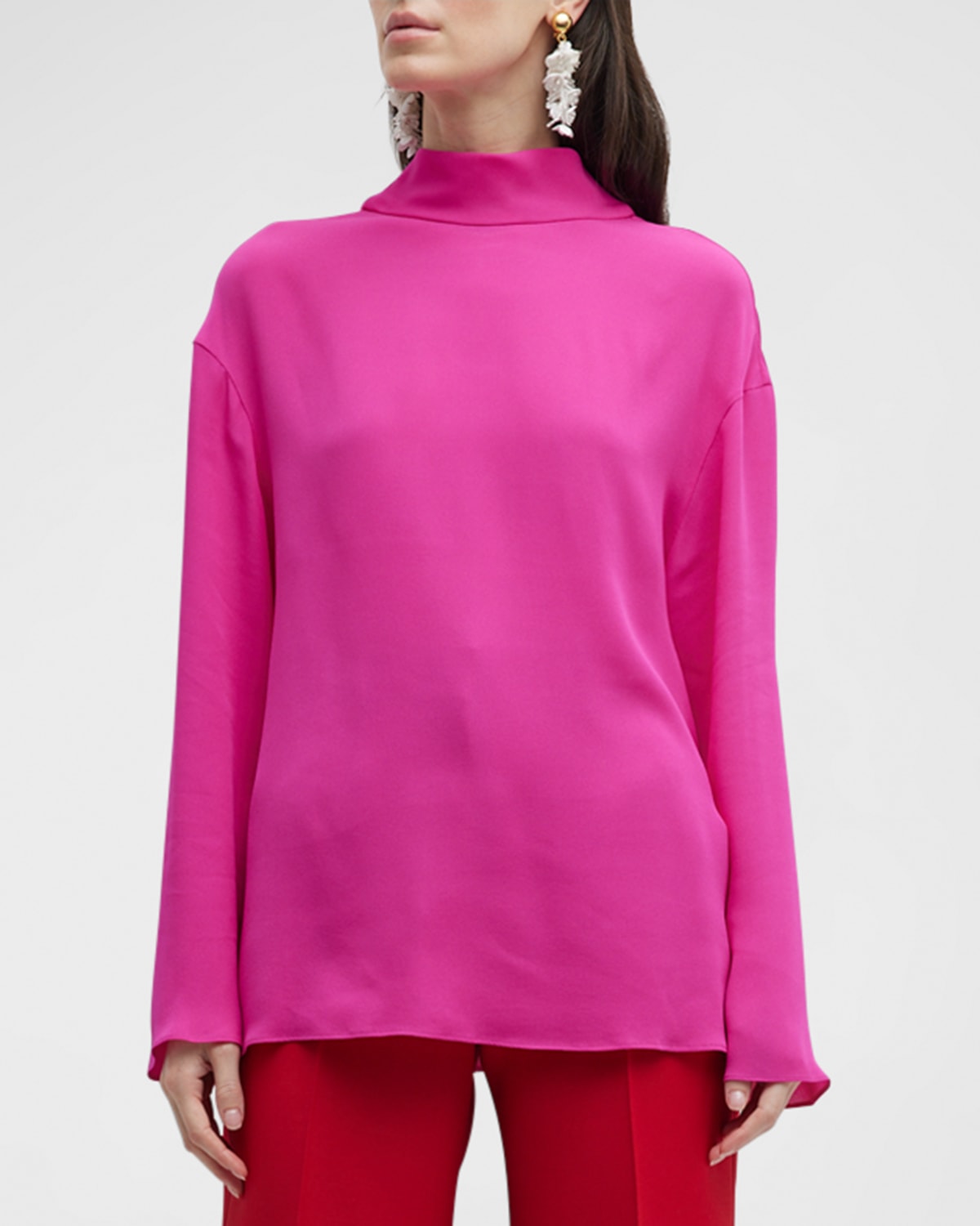 Shop Valentino Silk Turtleneck Blouse With Draped Back Detail In Pink
