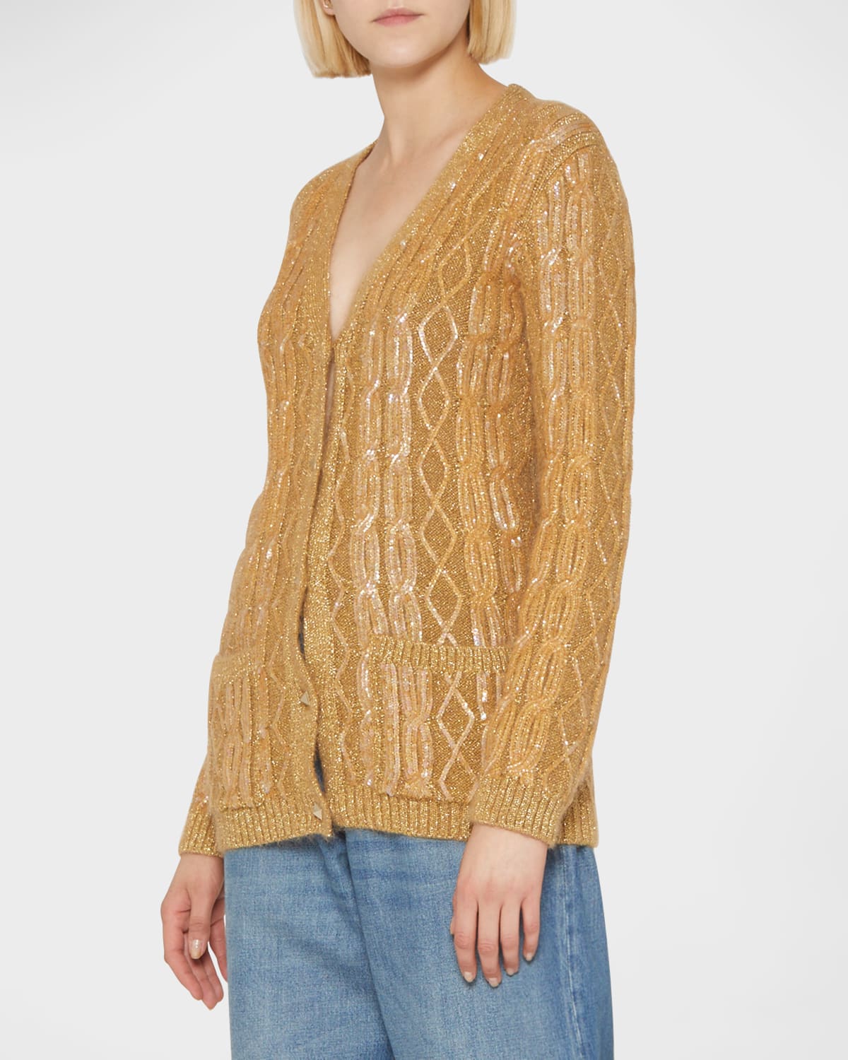 Shop Valentino Embroidered Metallic Mohair Cardigan In Gold