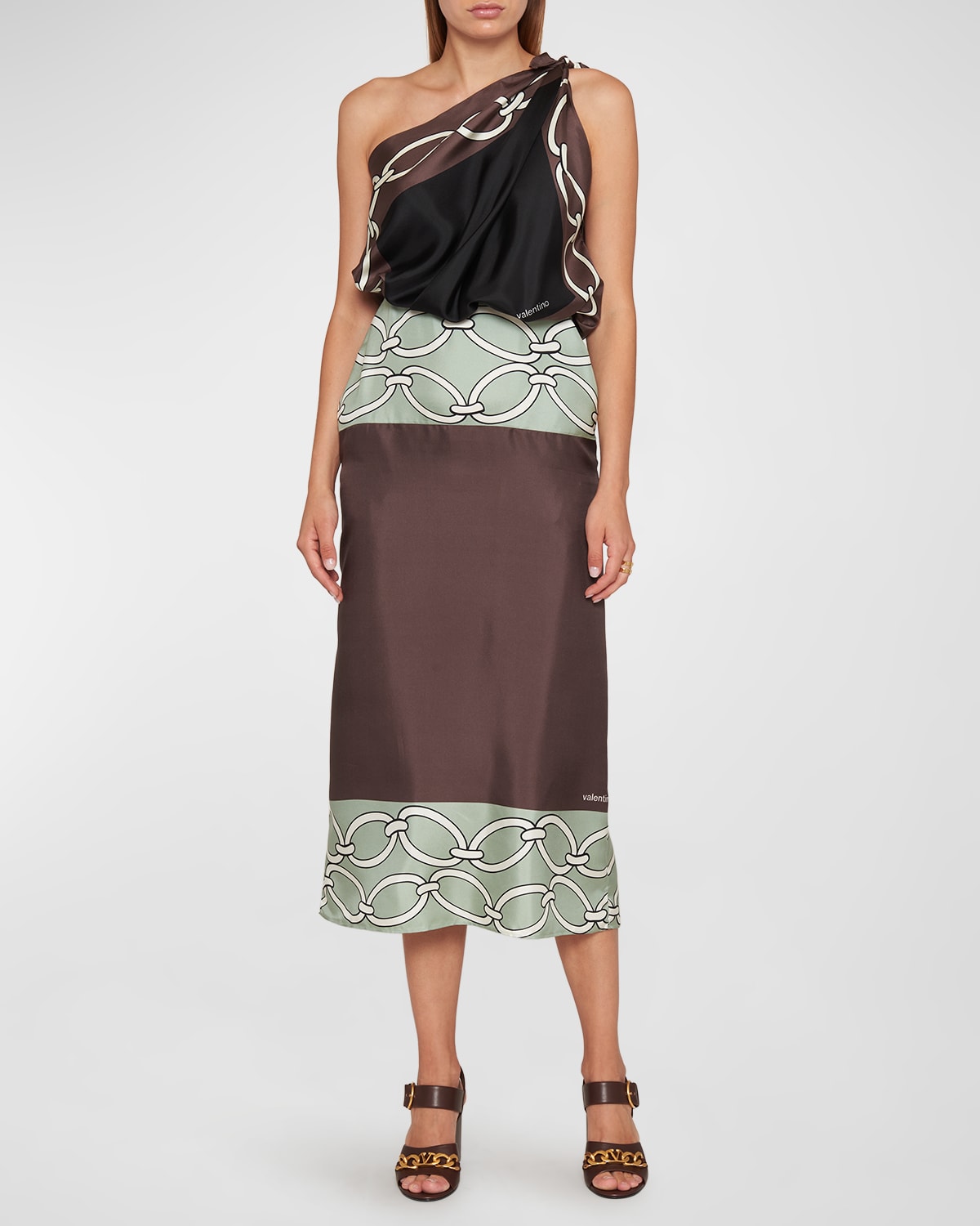 Valentino Chain 1967 Foulard-print One-shoulder Twill Midi Dress In Multi