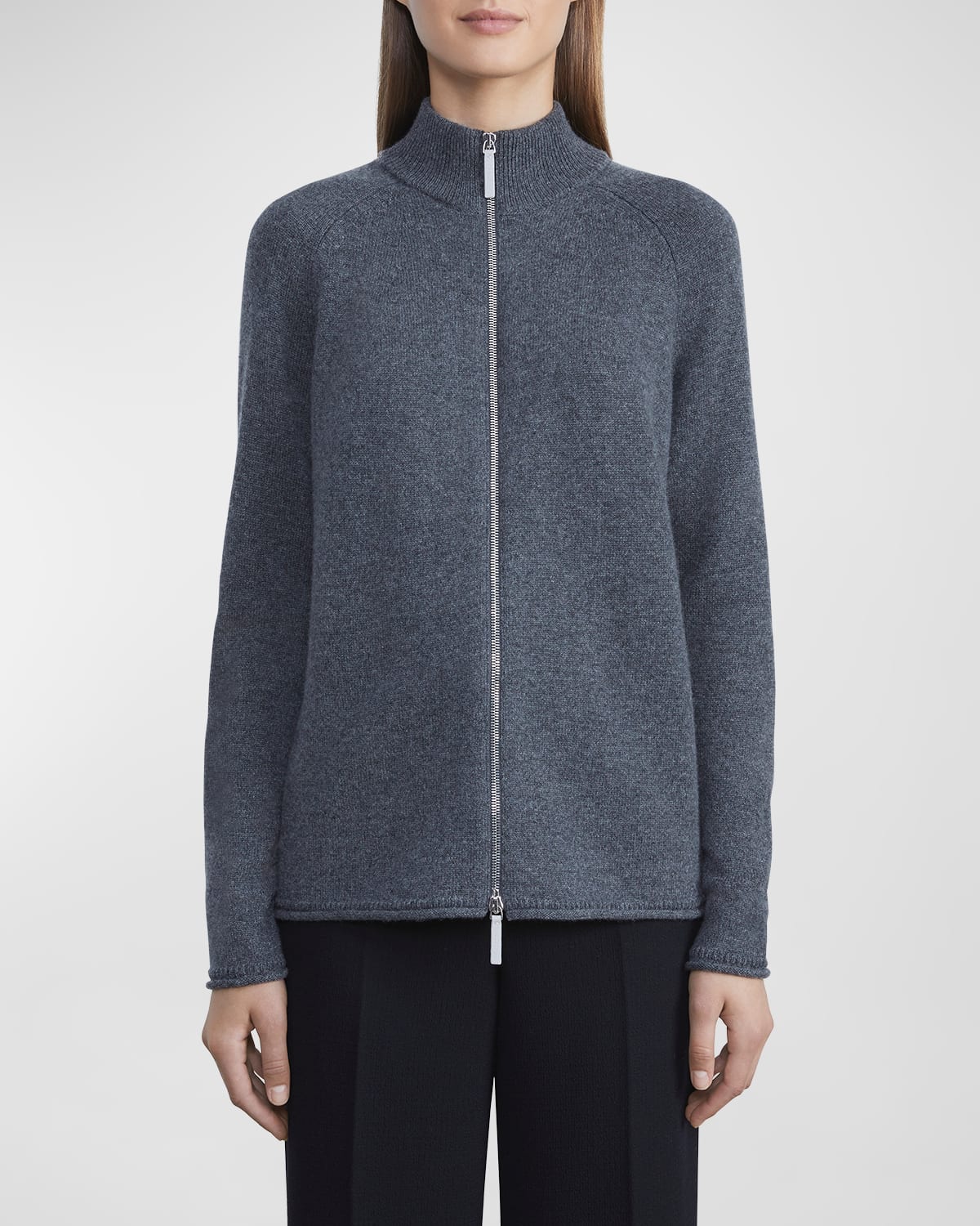 Lafayette 148 Plus-size Cashmere Stand Collar Zip-front Cardigan In Graphite Melange
