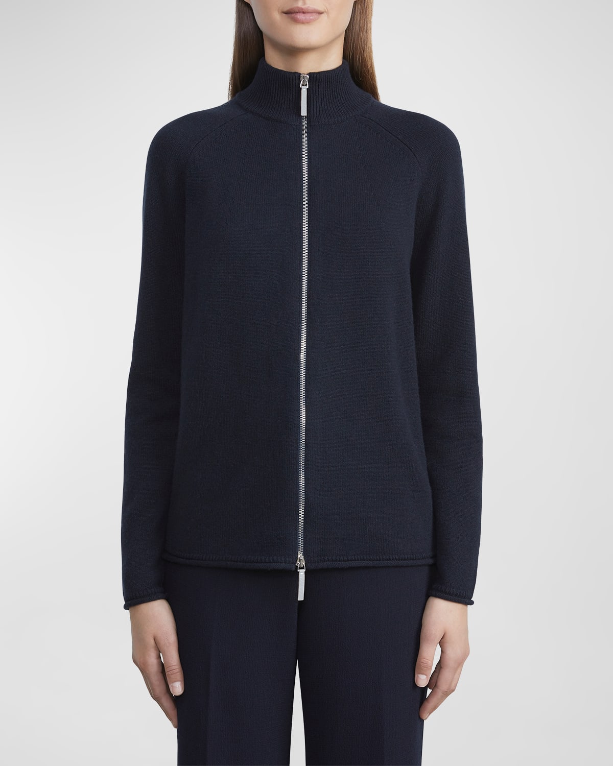Lafayette 148 Cashmere Stand Collar Zip-front Cardigan In Navy
