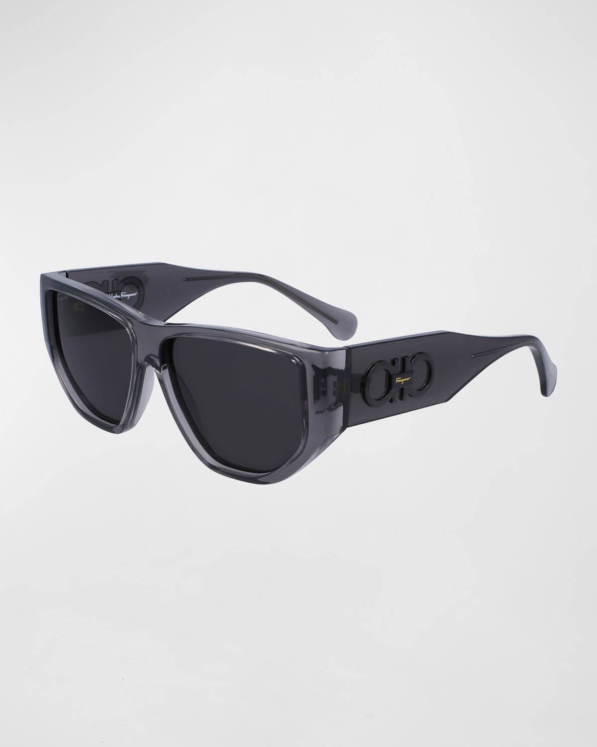 Ferragamo Men's Capsule Gancini Rectangle Sunglasses In Transparent Grey