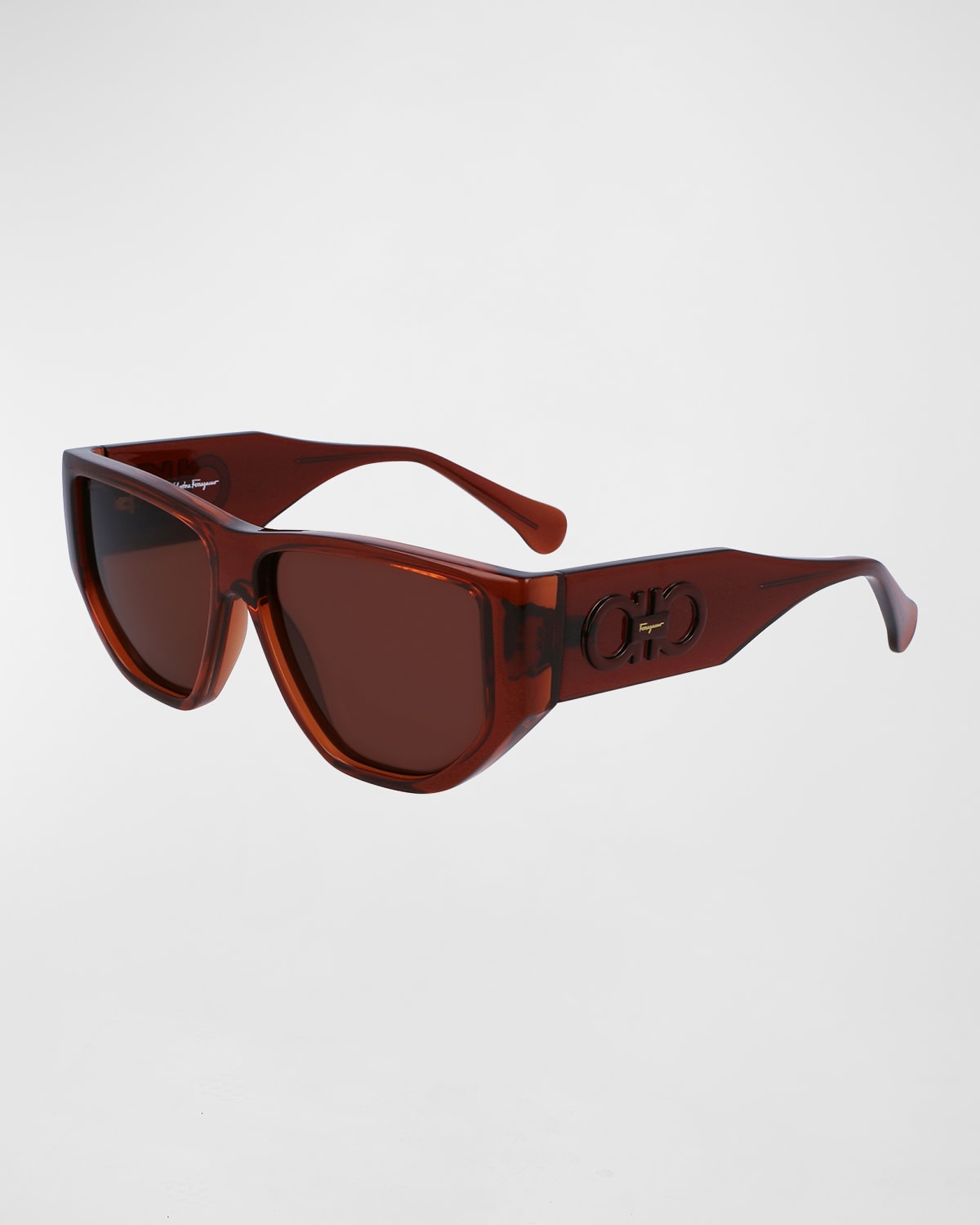 Ferragamo Men's Capsule Gancini Rectangle Sunglasses In Transparent Brown
