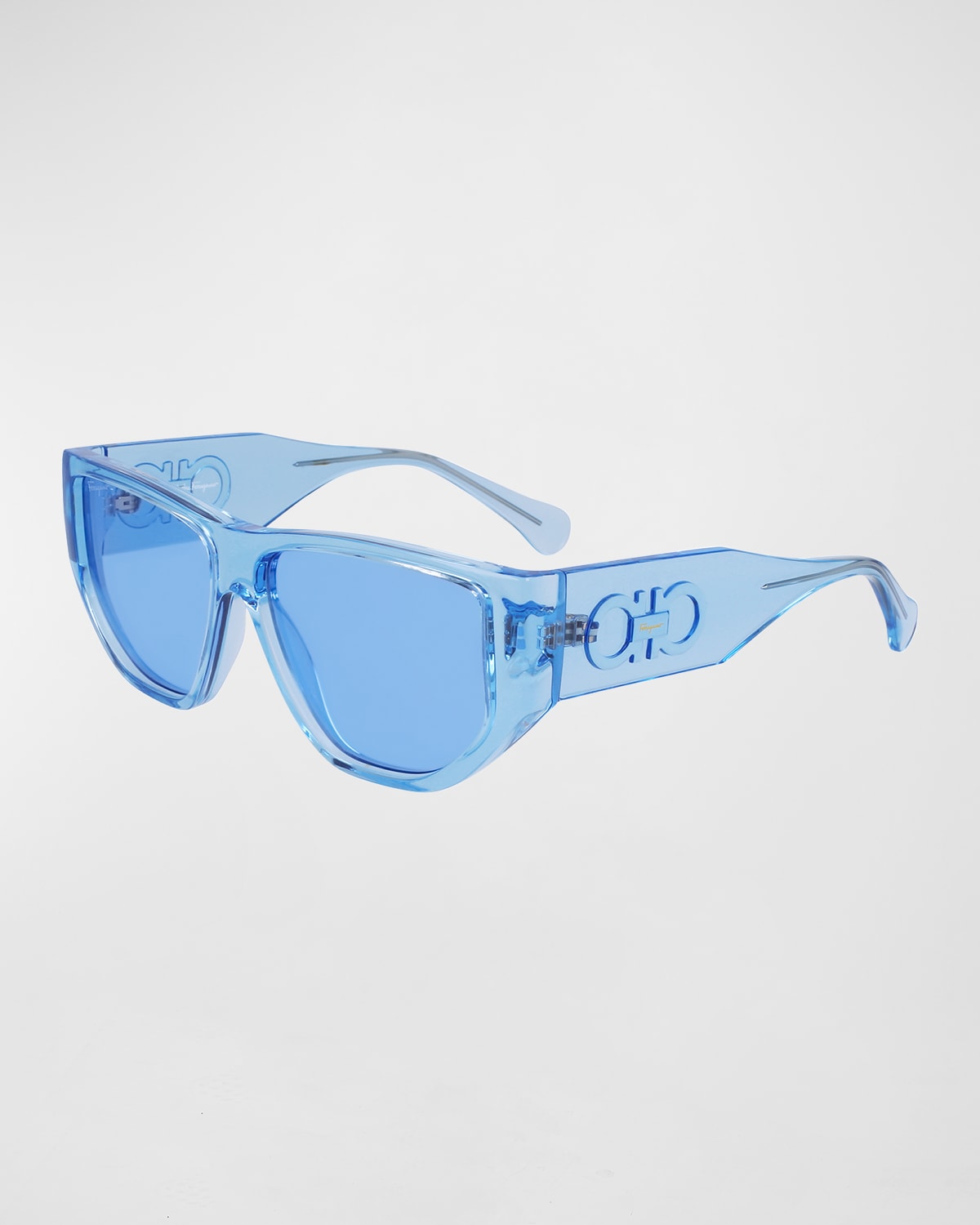 Ferragamo Men's Capsule Gancini Rectangle Sunglasses In Transparent Azure
