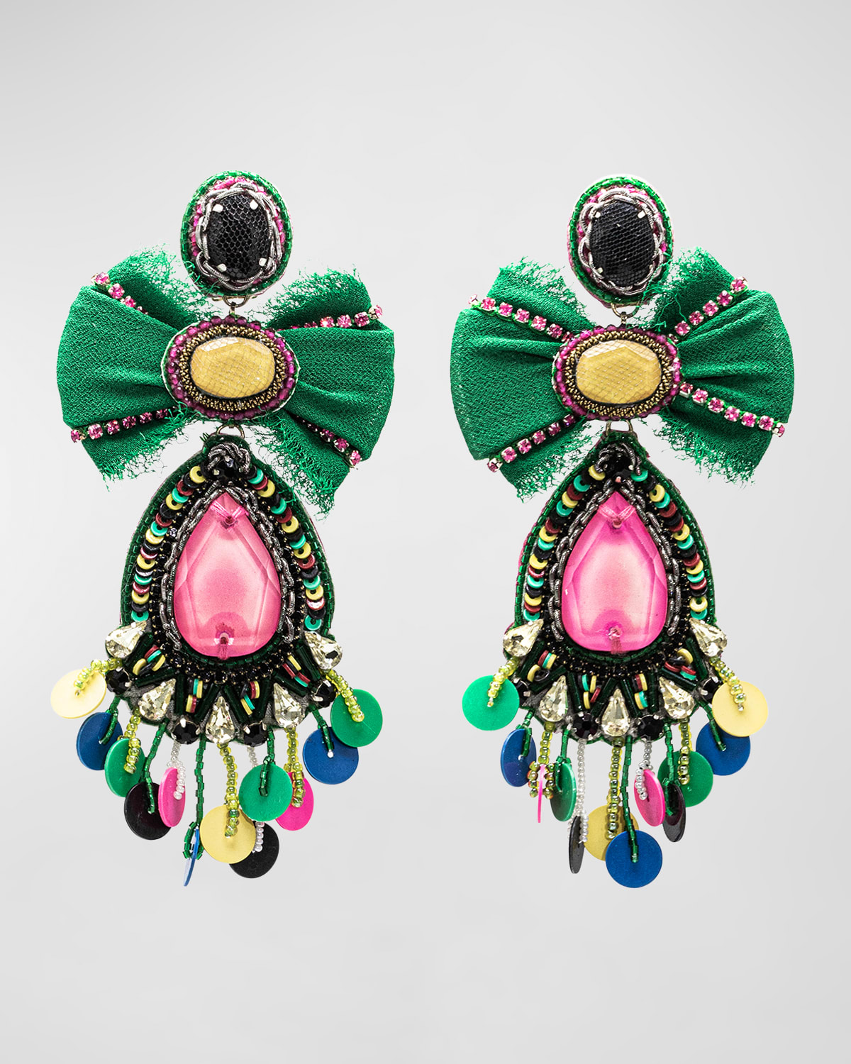 Multicolor Silk Bow and Crystal Earrings with Sequins