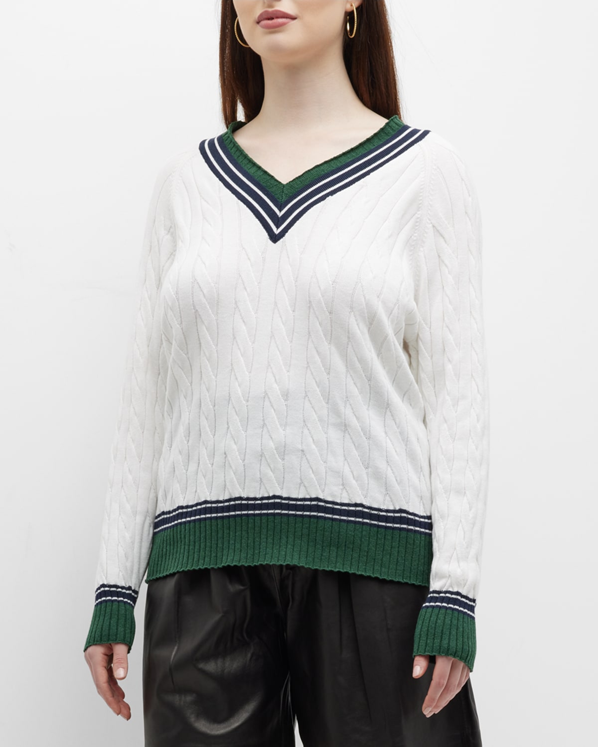 Minnie Rose Plus Striped-Trim Cable-Knit Sweater