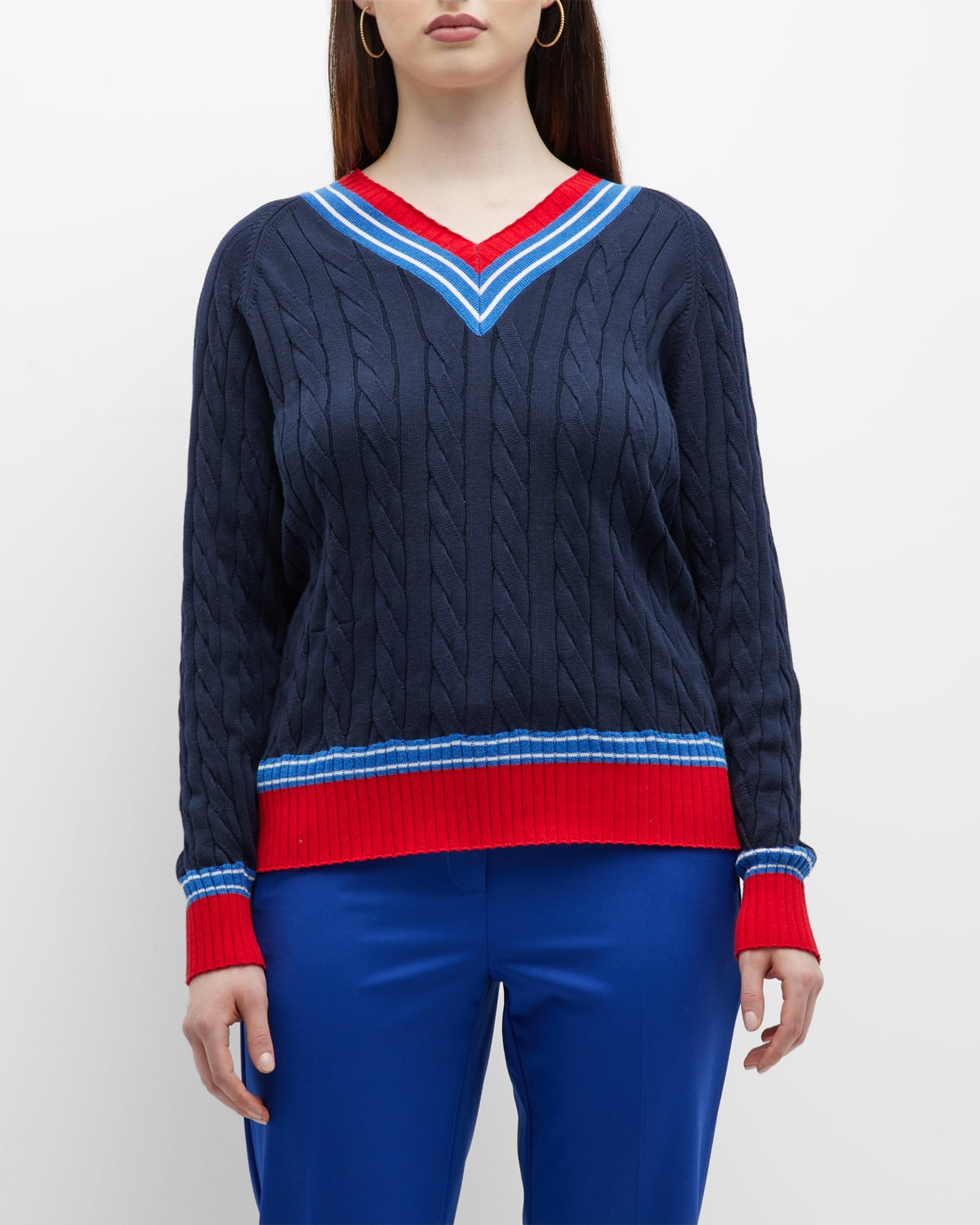 Minnie Rose Plus Striped-Trim Cable-Knit Sweater