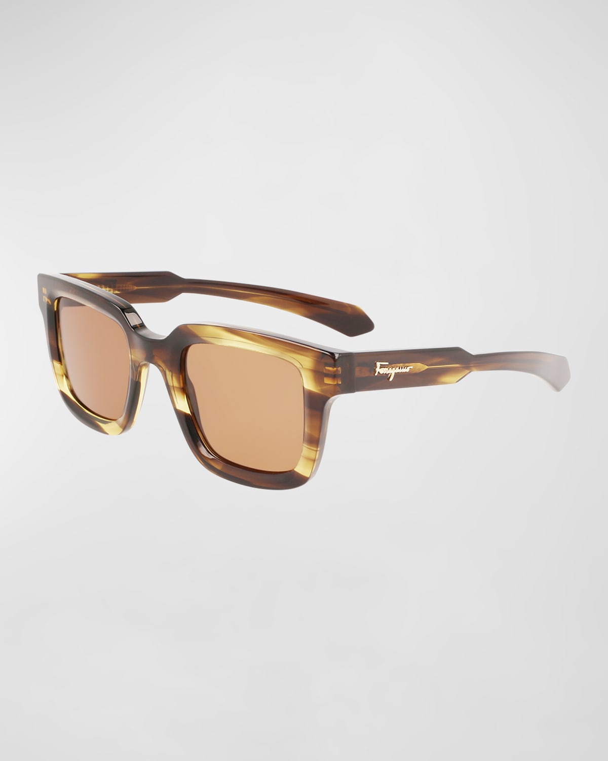Ferragamo Men's Classic Logo Chunky Rectangle Sunglasses In Striped Khaki