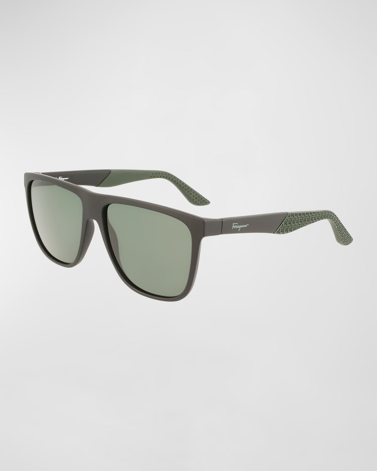 Ferragamo Men's Gancini Flat-top Navigator Sunglasses In Matte Black/green