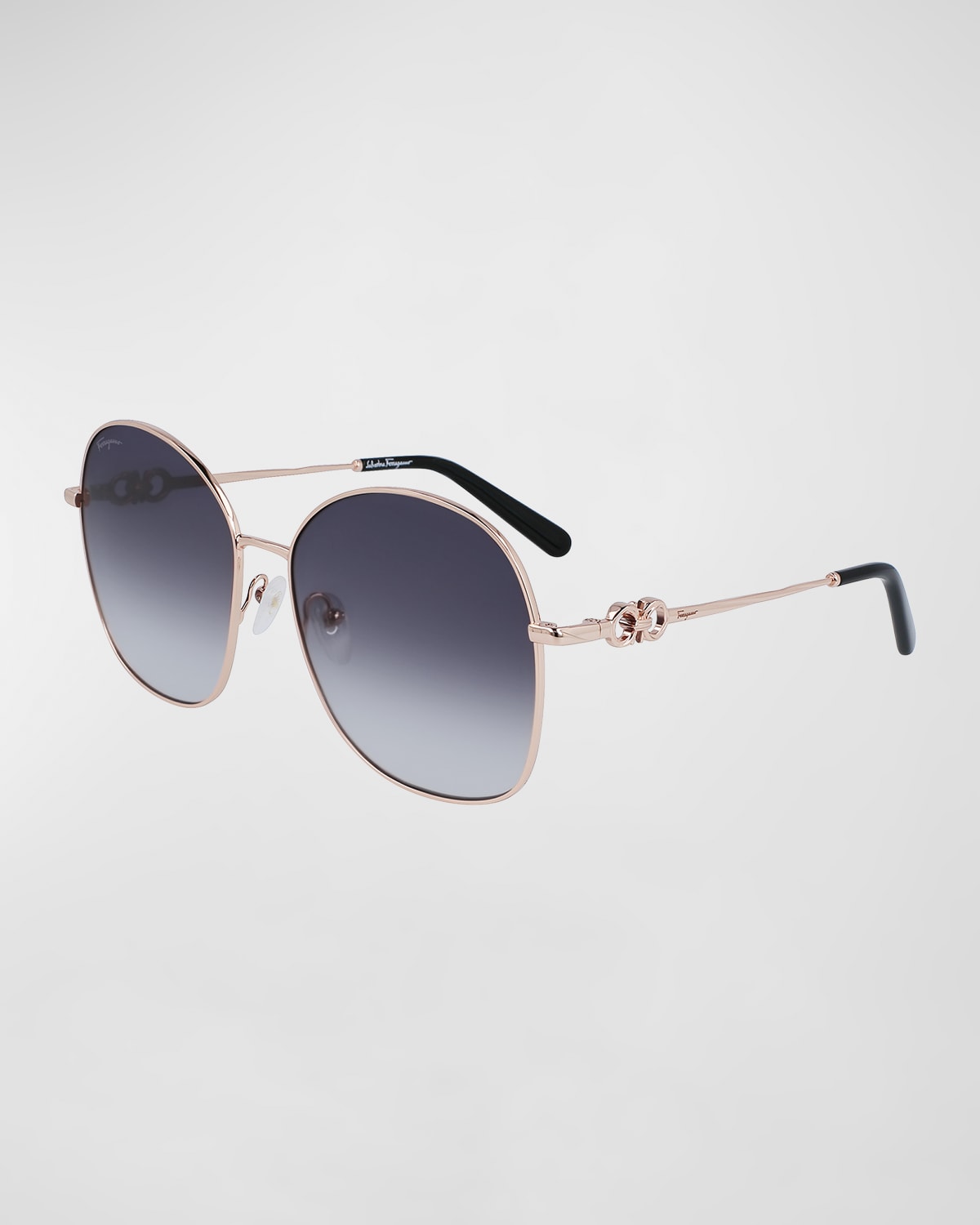 Ferragamo Gancini Rounded Oversized Square Metal Sunglasses In Rose Gold/grey Gr