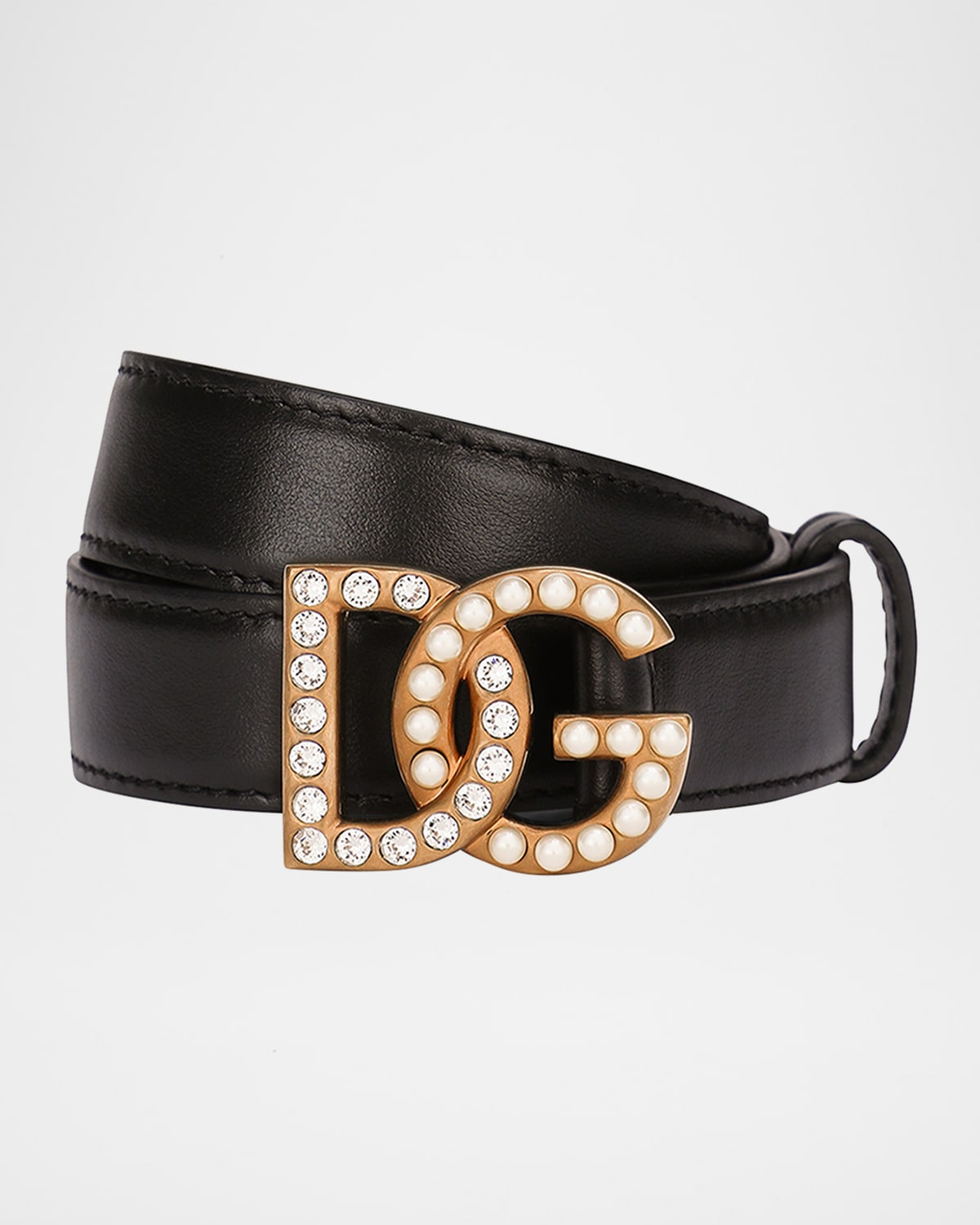 Dolce & Gabbana Embellished Pearly Interlocking Dg Leather Belt In Black
