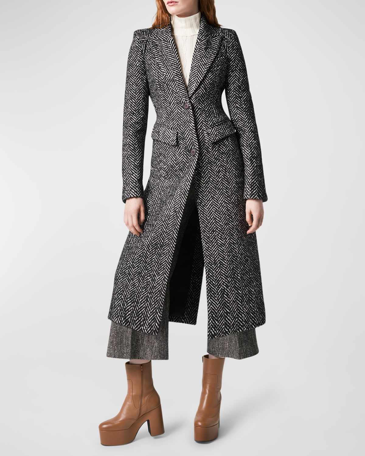 Smythe Brando Pagoda Herringbone Tweed Coat In Blackwhite Herrin