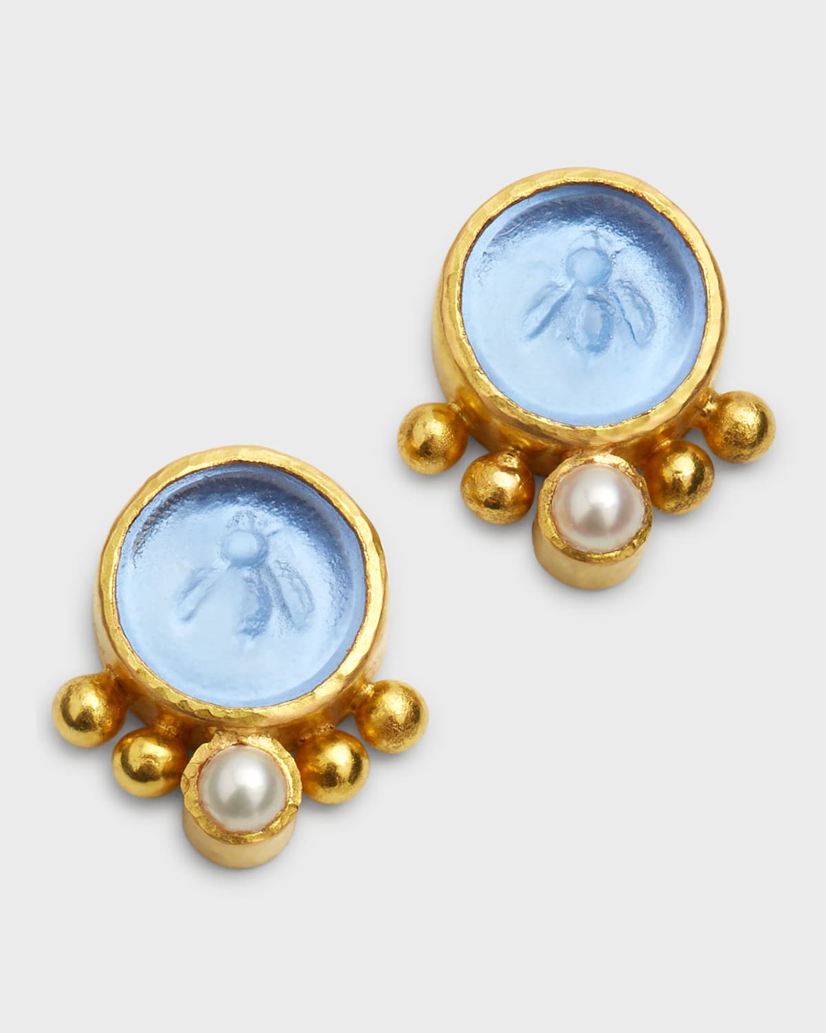 Elizabeth Locke Round Venetian Glass Intaglio Tiny Bee Earrings with 3mm Pearls