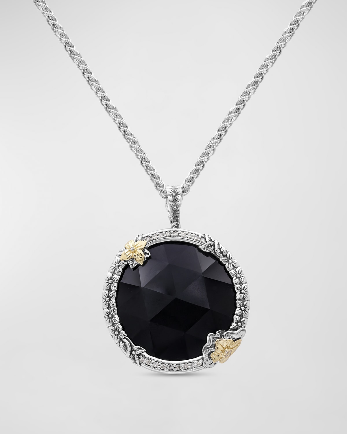 Garden of Stephen Faceted Black Onyx Pendant Necklace in Sterling Silver with 18K Gold Flowers and Diamonds
