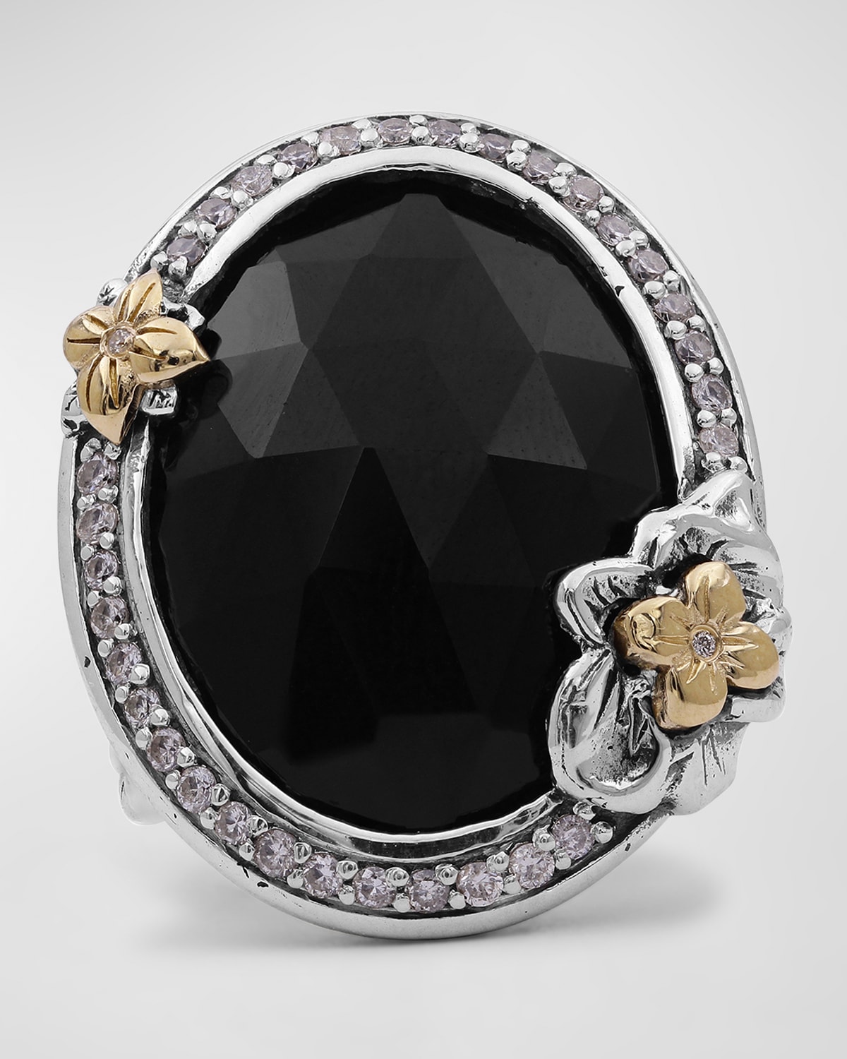 Garden of Stephen Faceted Black Onyx Ring in Sterling Silver with 18K Gold Flowers and Diamonds