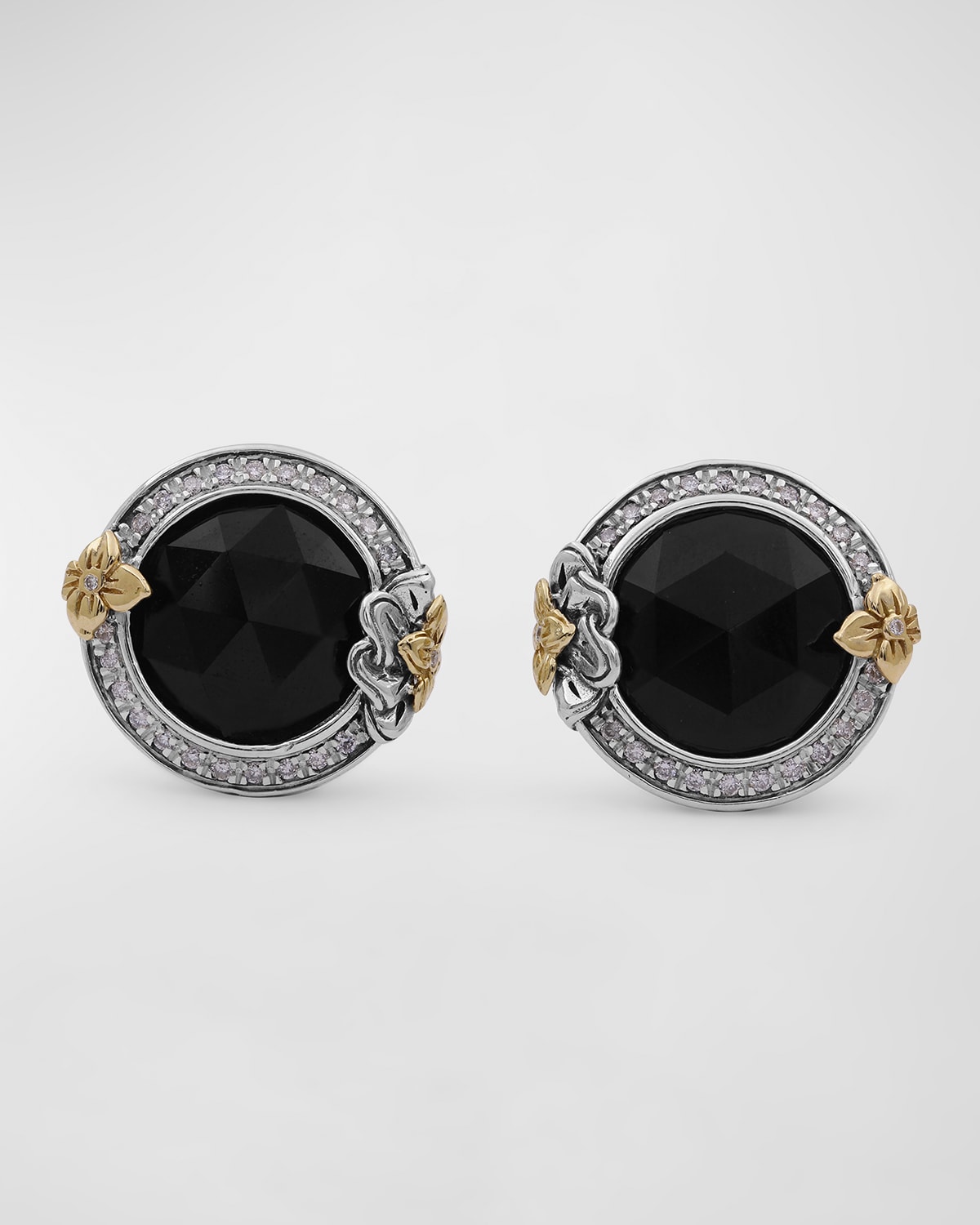 Garden of Stephen Faceted Black Onyx Earrings in Sterling Silver with 18K Gold Flowers and Diamonds