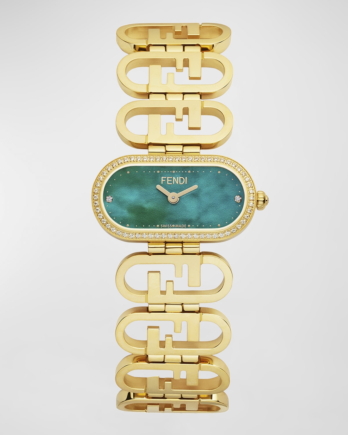 Fendi O'lock Horizontal Oval Bracelet Watch With Diamonds In Malachiteverd