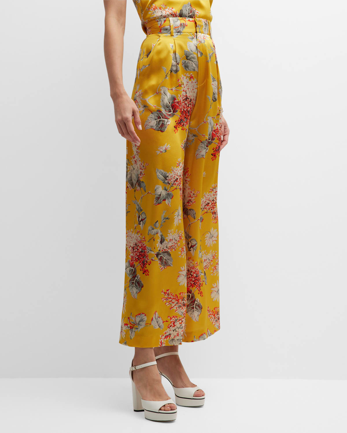 Adriana Iglesias Ginger Floral-print Wide-leg Silk Pants In Glow Yellow