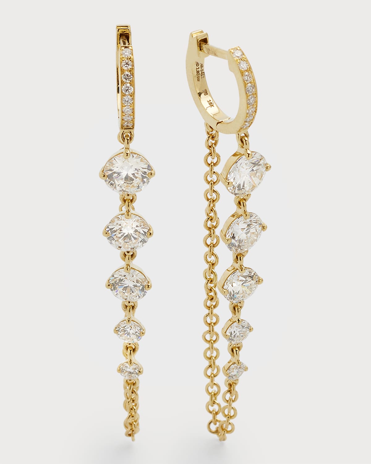 18K Yellow Gold Round Diamond Huggie and Chain Earrings