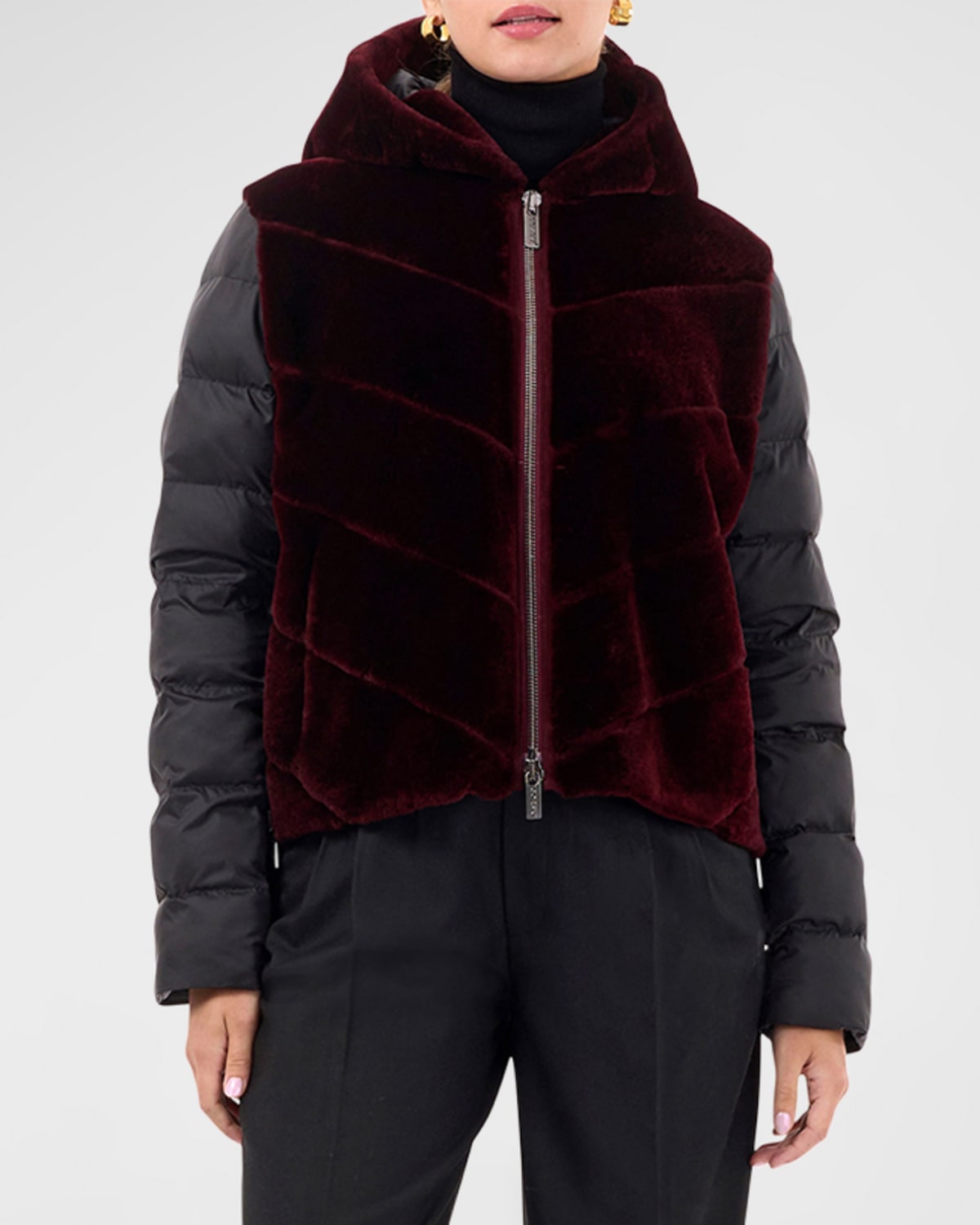 Gorski Chevron Lamb Shearling Parka w/ Quilted Sleeves And Back
