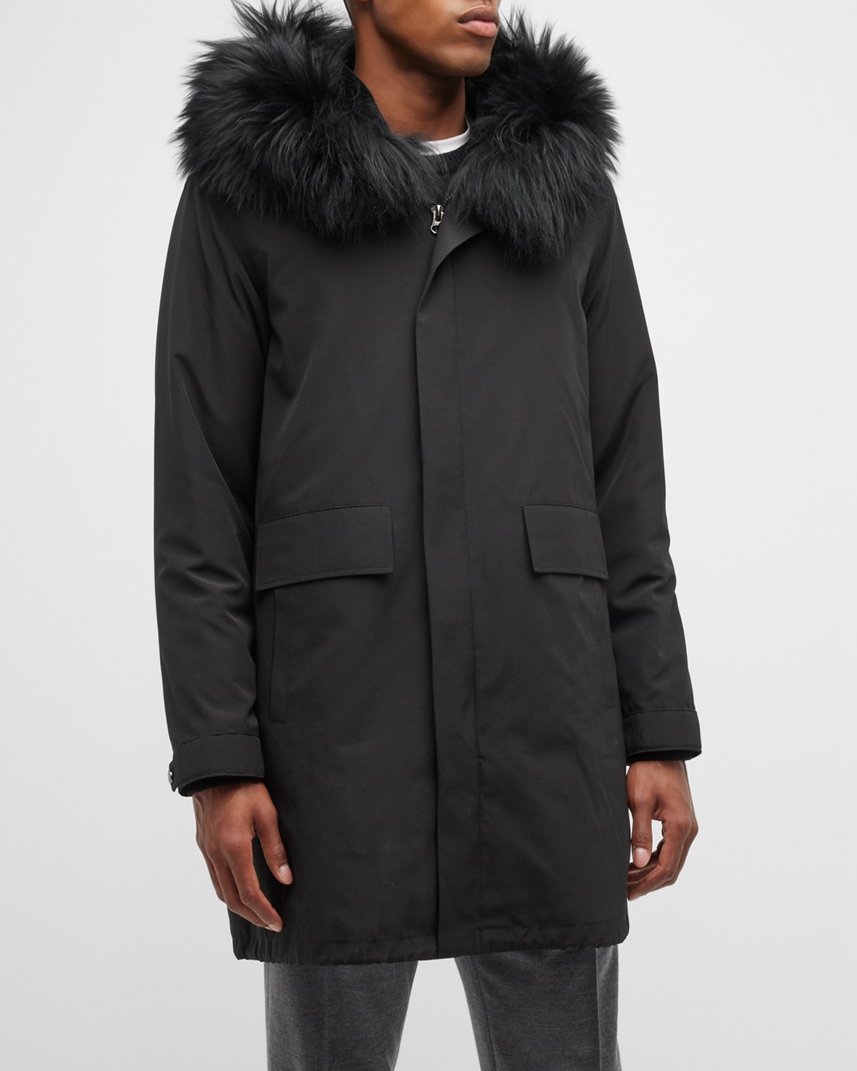 Gorski Men's Lamb Shearling-lined Parka Jacket W/ Lamb Fur Trim In Black Black