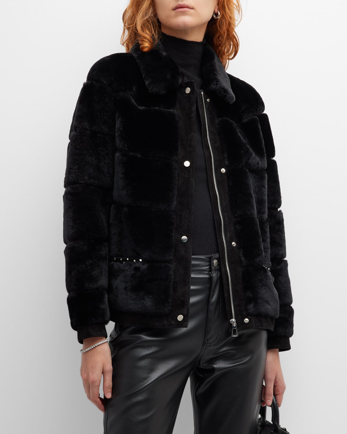 Carolyn Rowan For Gorski Chrystal Embellished Horizontal Lamb Shearling Bomber Jacket In Black