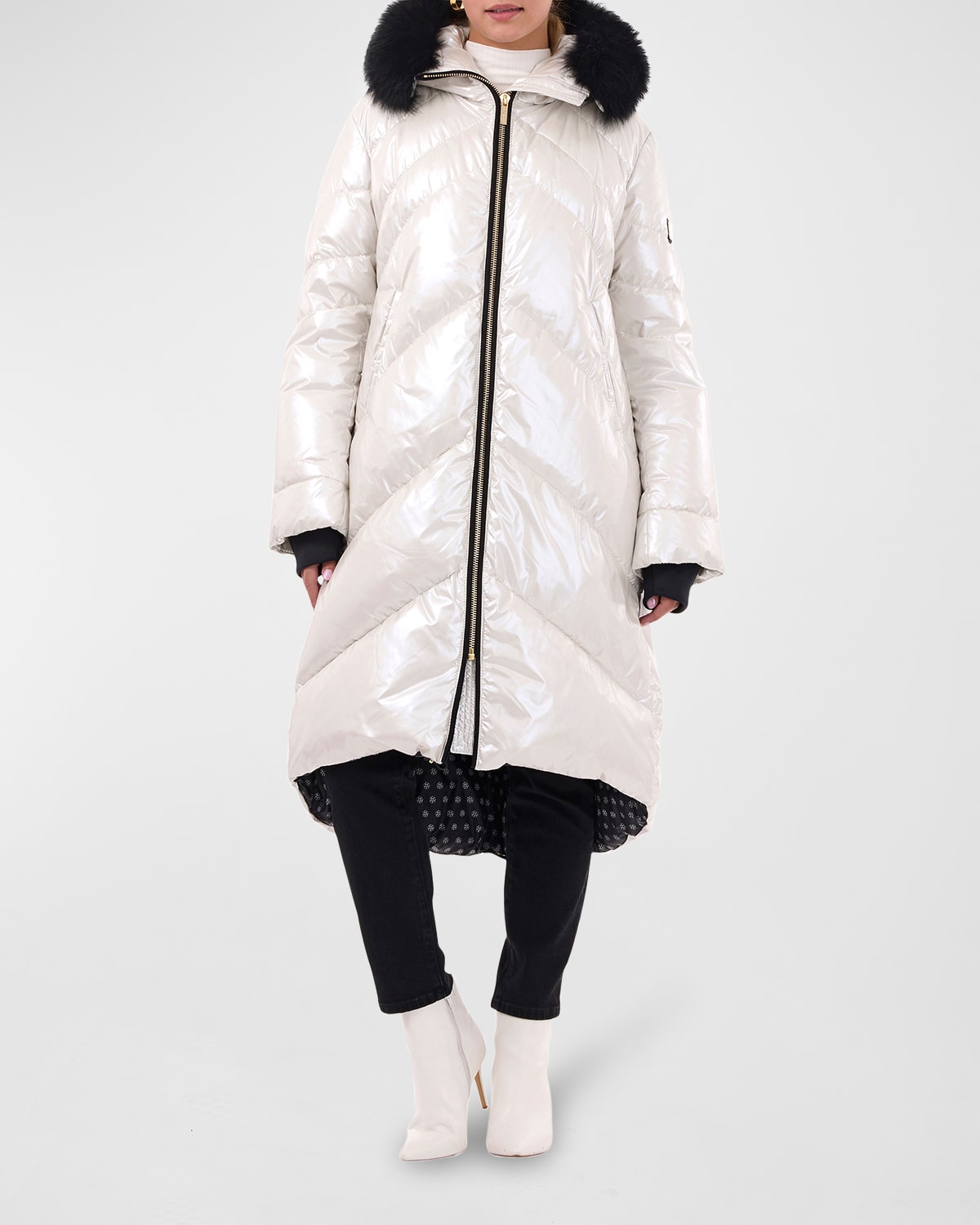 Gorski Long Apres-ski Jacket W/ Detachable Lamb Fur Trim In Platinum/black