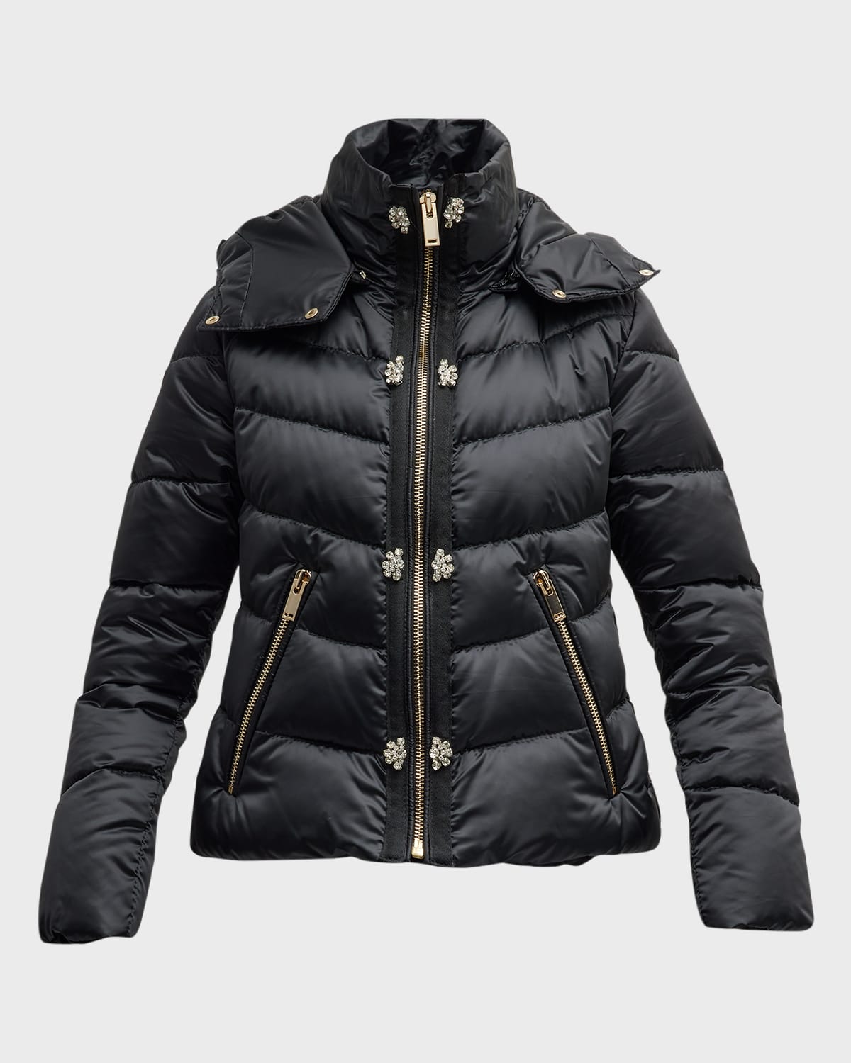Carolyn Rowan For Gorski Crystal Embellished Quilted Down Ski Jacket With Detachable Hood In Black