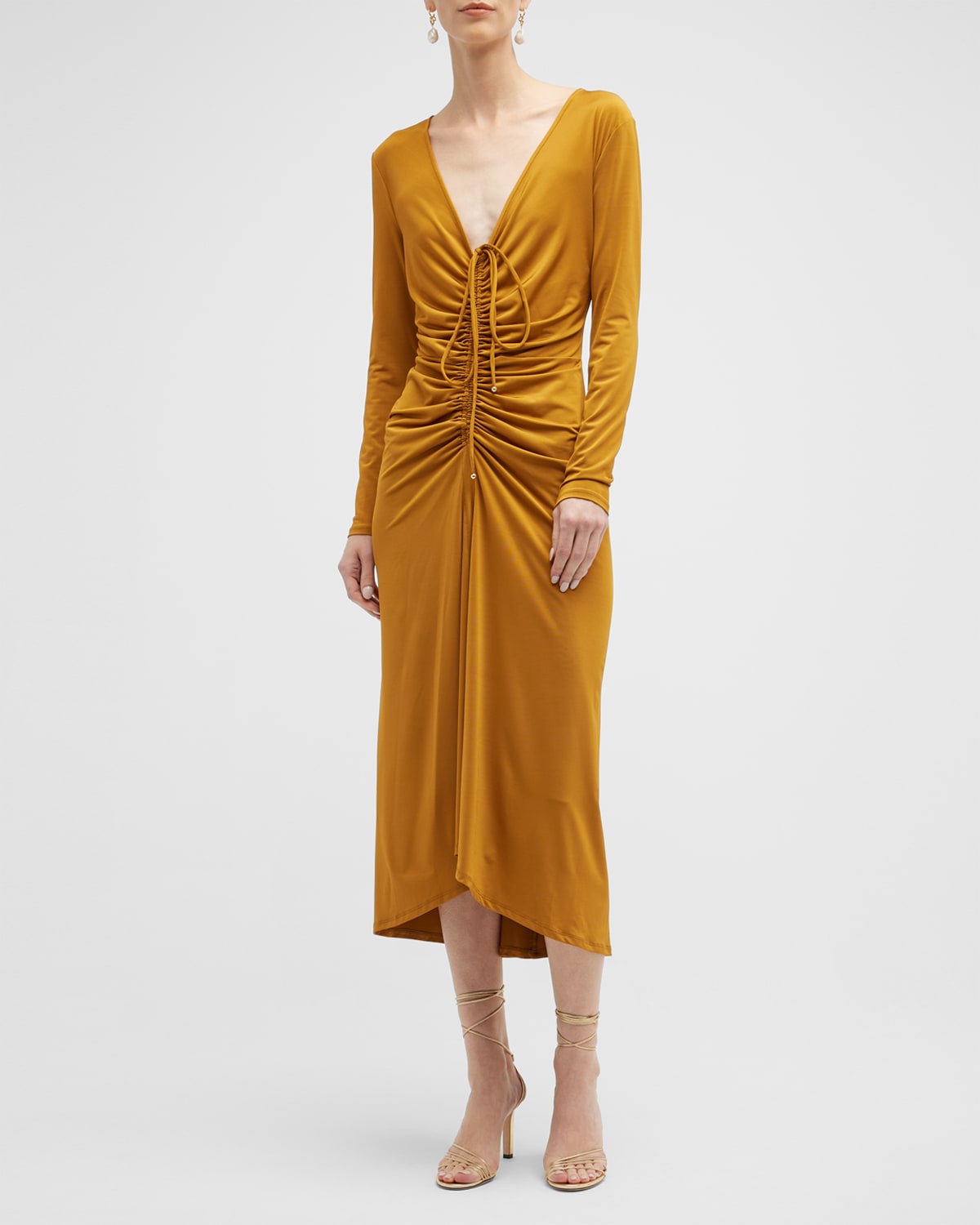 Veronica Beard Gilbert Ruched V-neck Midi Dress In Antique Gold