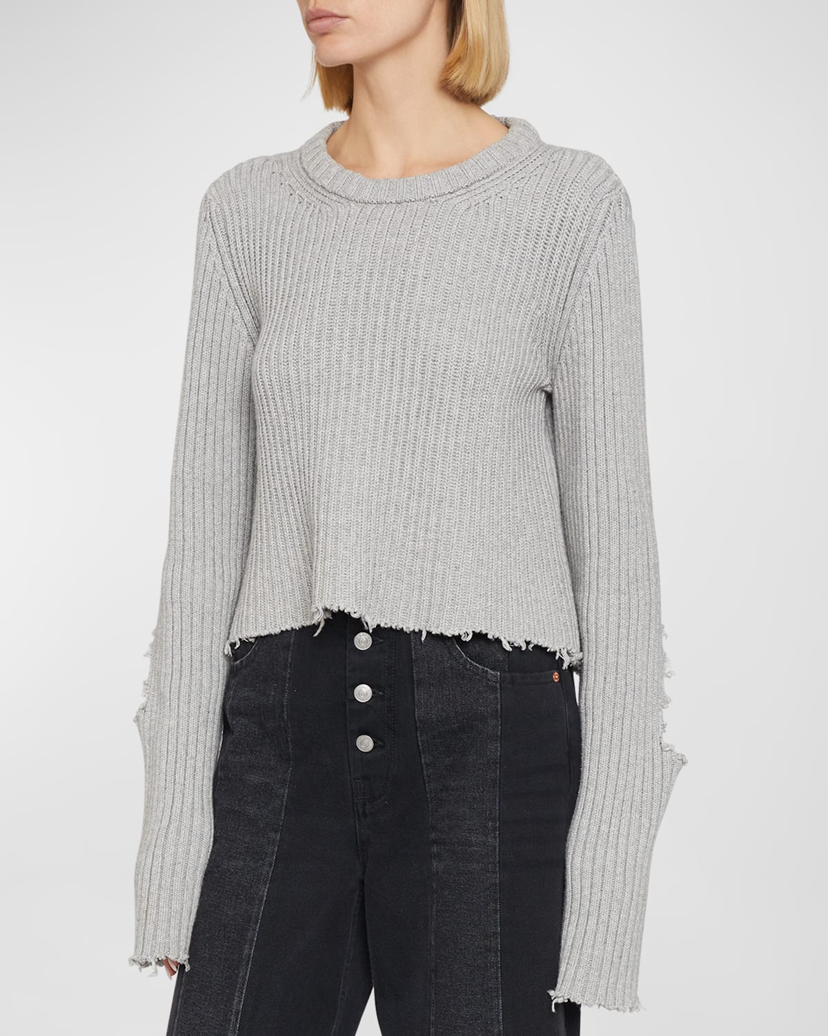 Mm6 Maison Margiela Ribbed Knit Sweater With Ripped Details In Grey