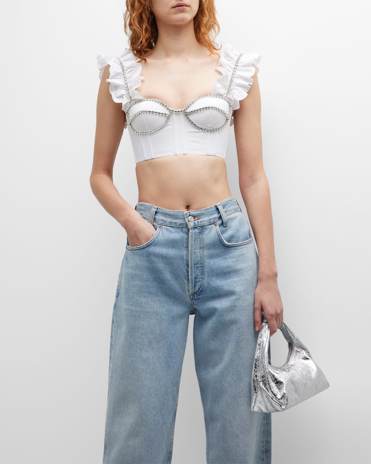 Area Cotton Bustier Top With Crystals In White