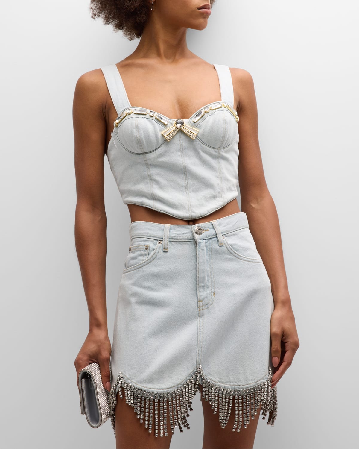 Area Crystal Trim Denim Bustier Top In Pale Blue