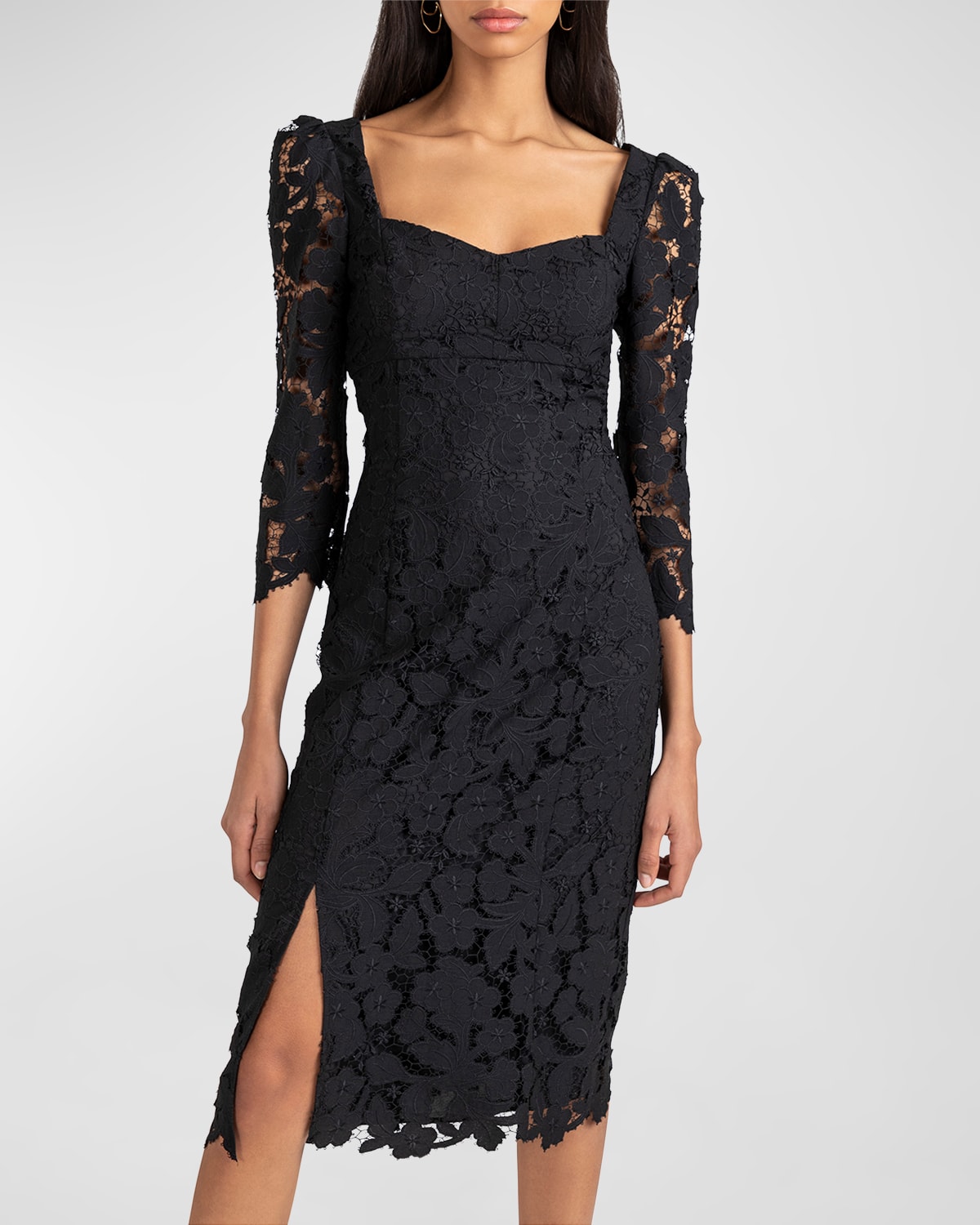 Shoshanna Calista Sweetheart Lace Midi Dress In Jet